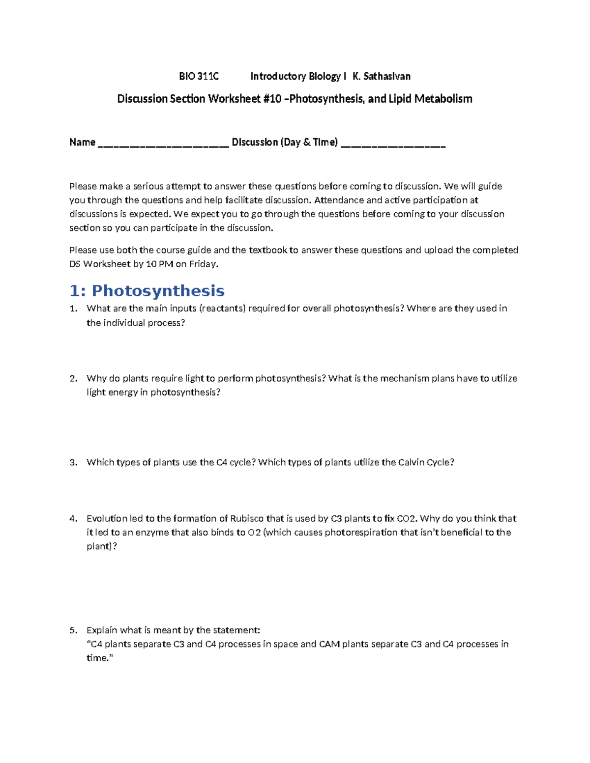 DSW WS Spring 2024 - BIO 311C Introductory Biology I K. Sathasivan ...