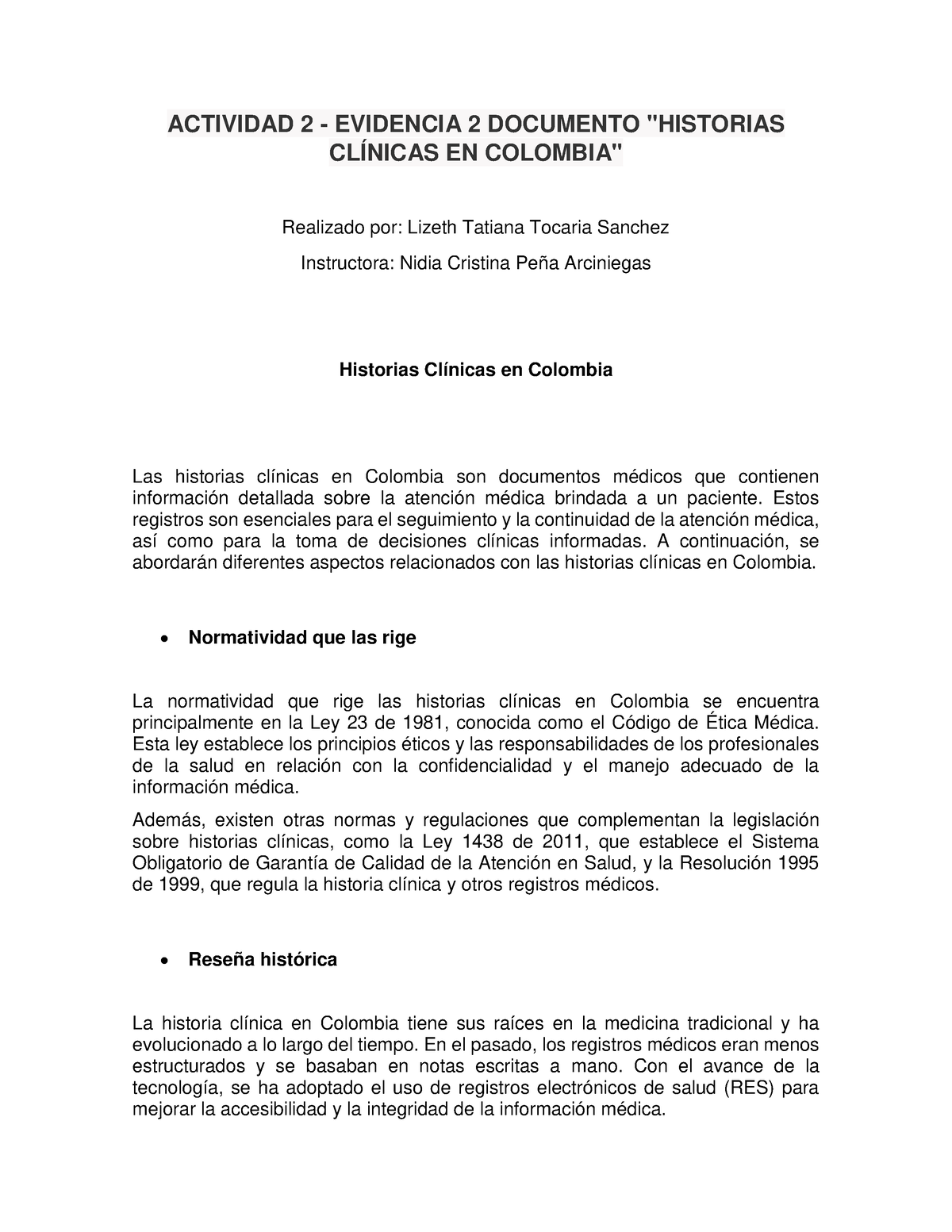 Actividad 2 Evidencia 2 Documento Historias Clínicas En Colombia Actividad 2 Evidencia 2 8879