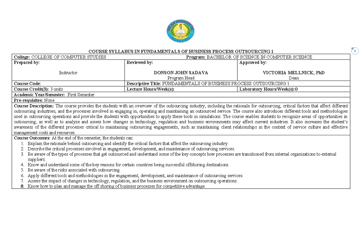 CS-Fundmentals of Business Proccess Outsourcng 1 Syllabus - COURSE ...