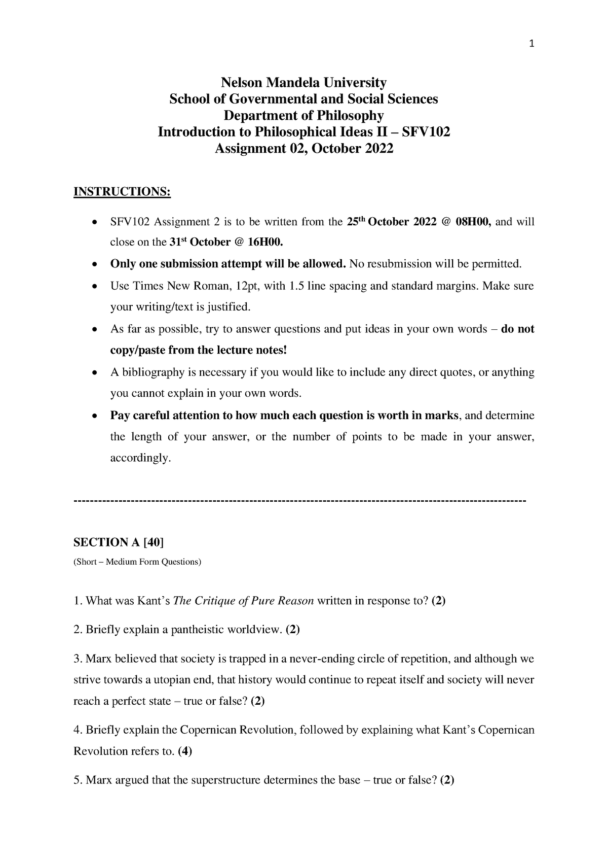 SFV102 A2 Question Paper - 1 Nelson Mandela University School Of ...