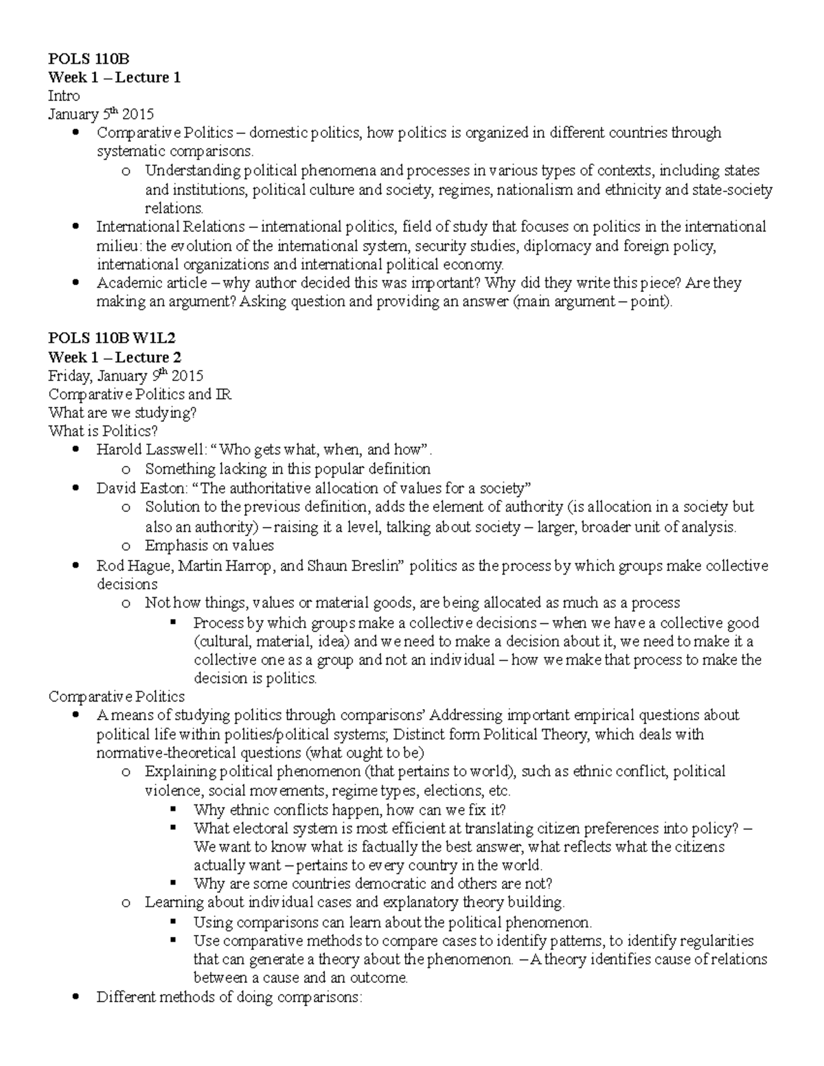 Week 1 - Lecture Notes for Class - POLS 110B Week 1 – Lecture 1 Intro ...