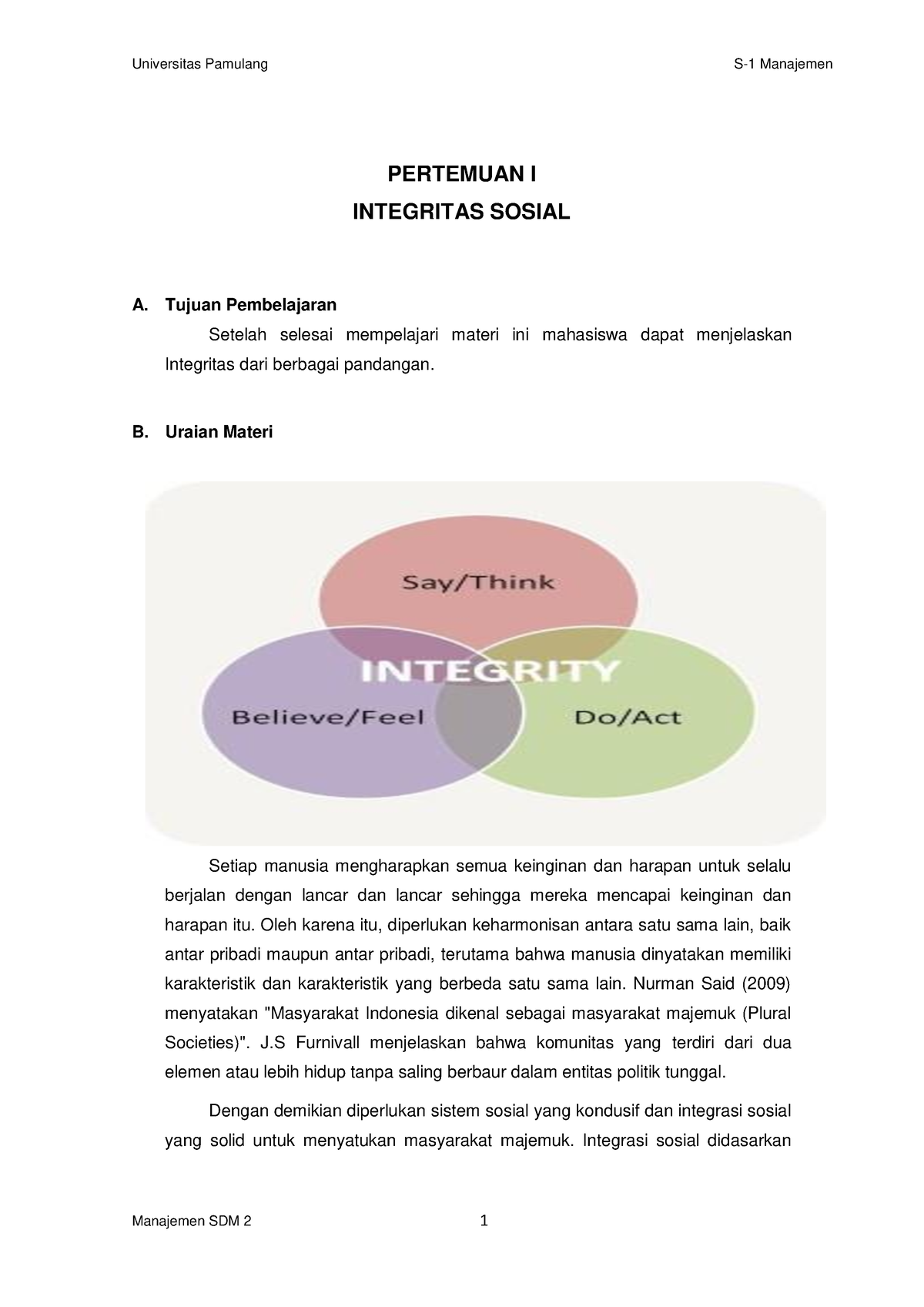 Pertemuan Ke-1, Integritas - PERTEMUAN I INTEGRITAS SOSIAL A. Tujuan ...