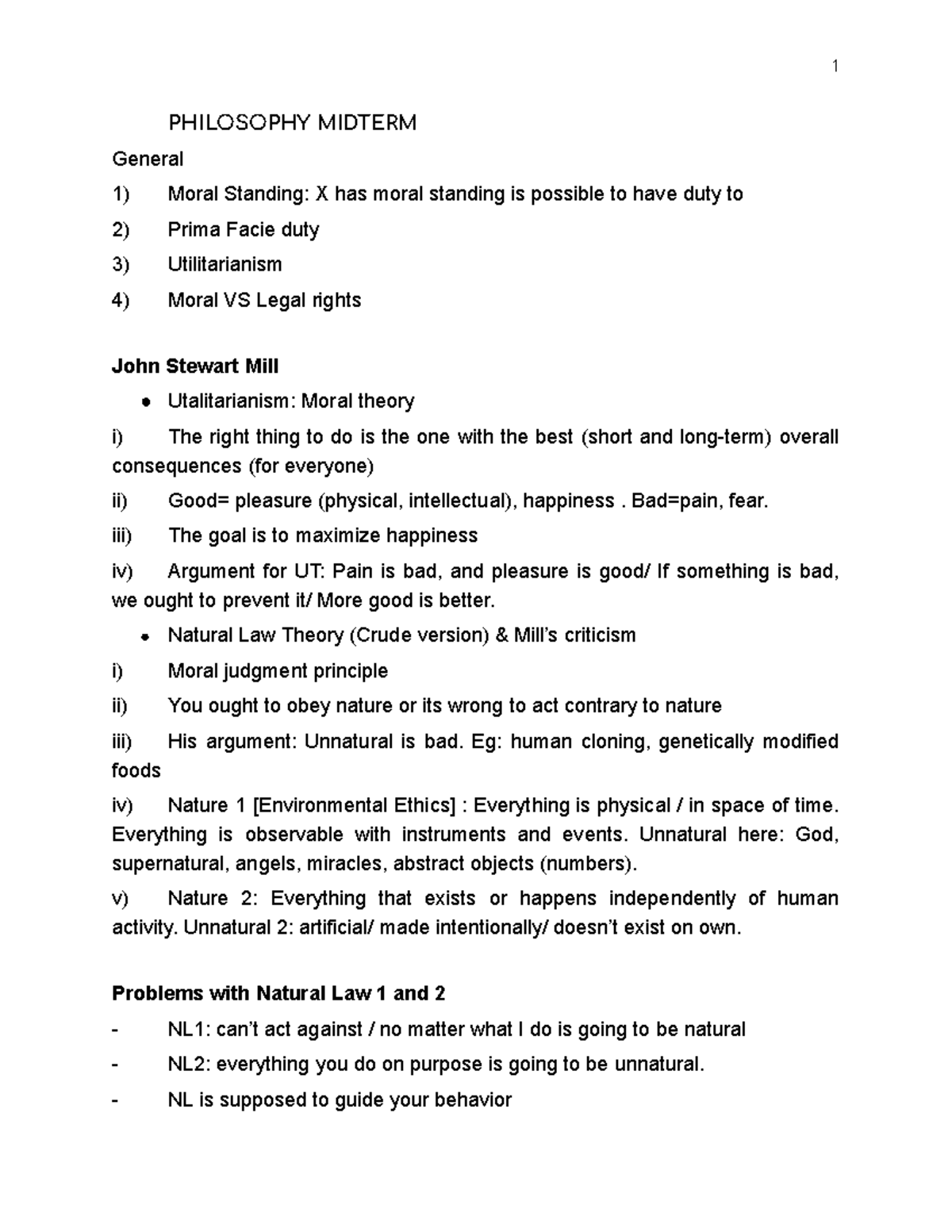 Notes PHIL midterm PHILOSOPHY MIDTERM General Moral Standing X has