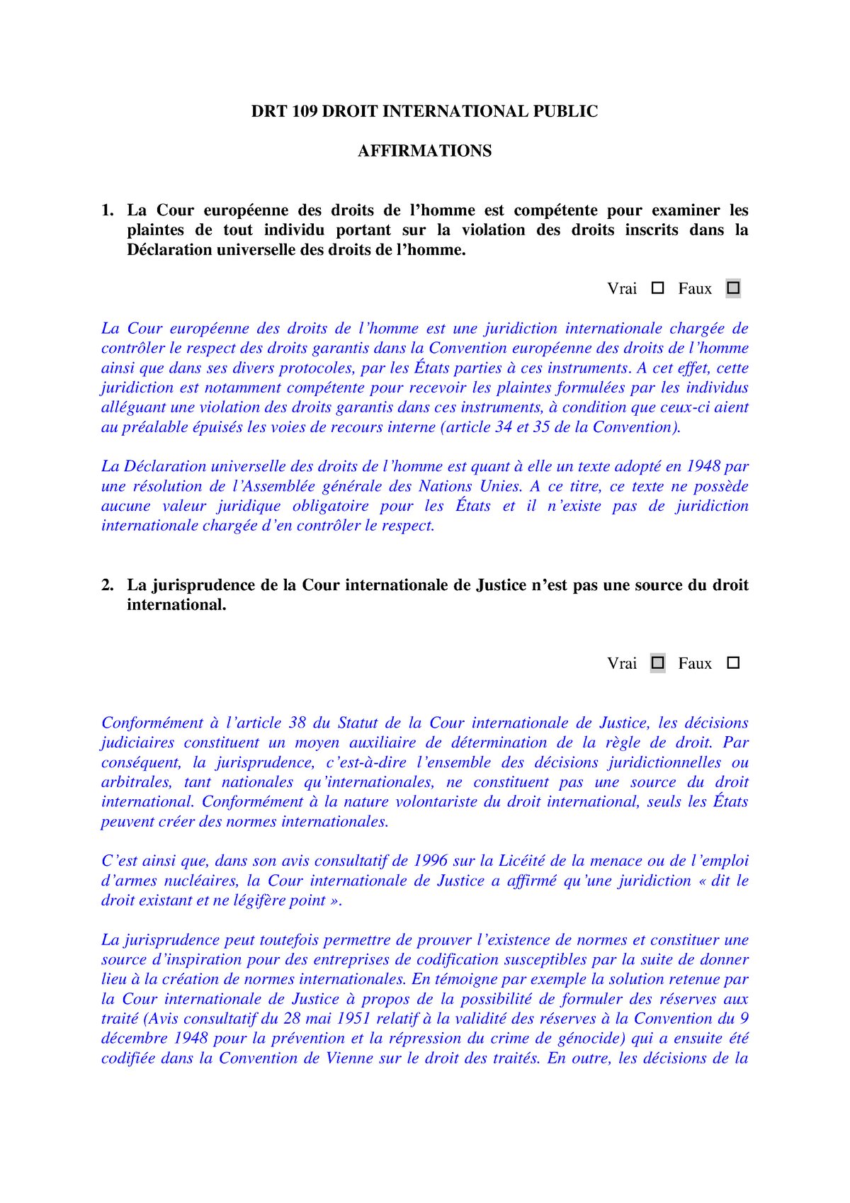 Excercices Corrig Drt Droit International Public Affirmations La Cour Europ Enne Des