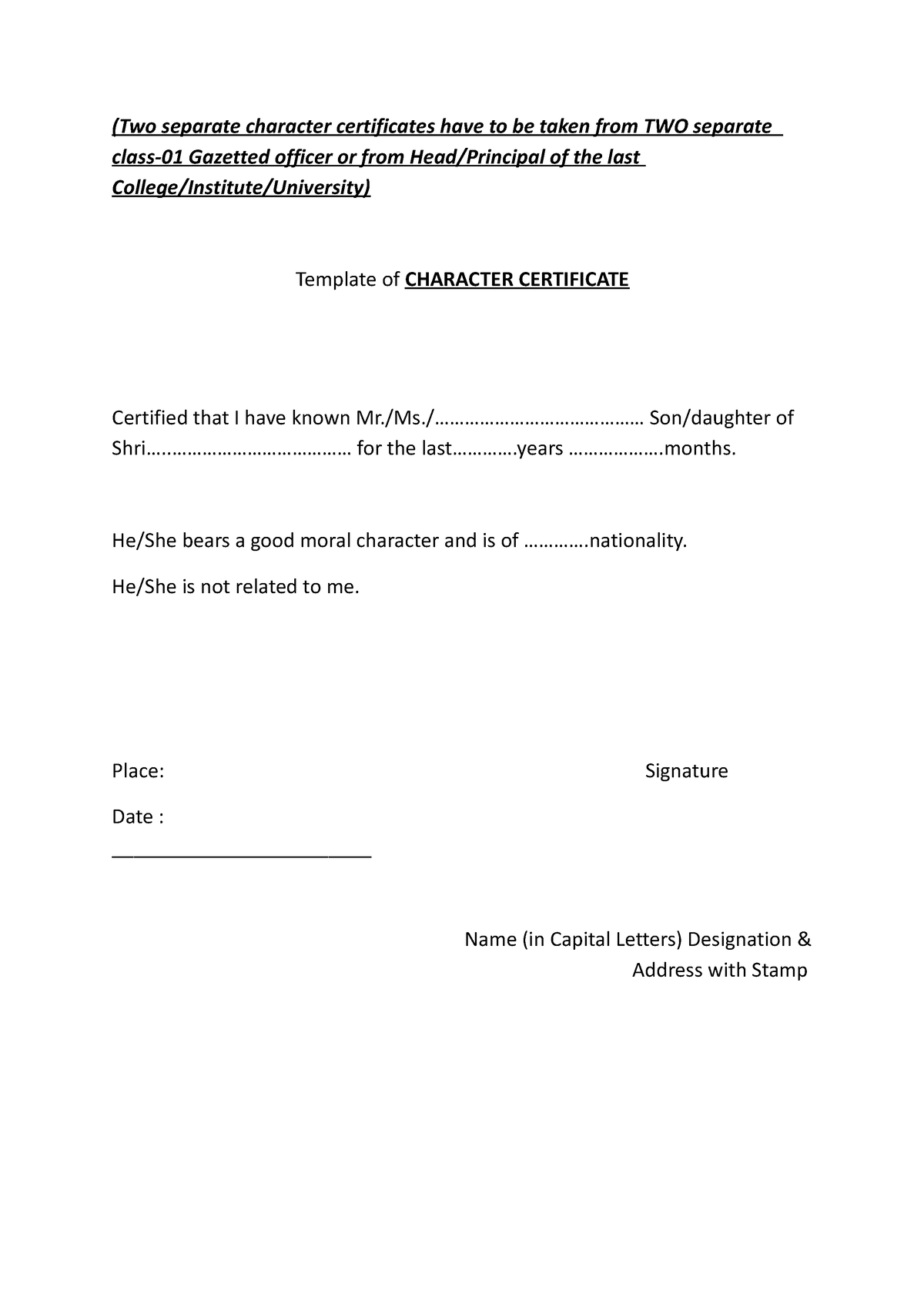 Templates - Character Certificate AND 2 Declaration - (Two separate ...