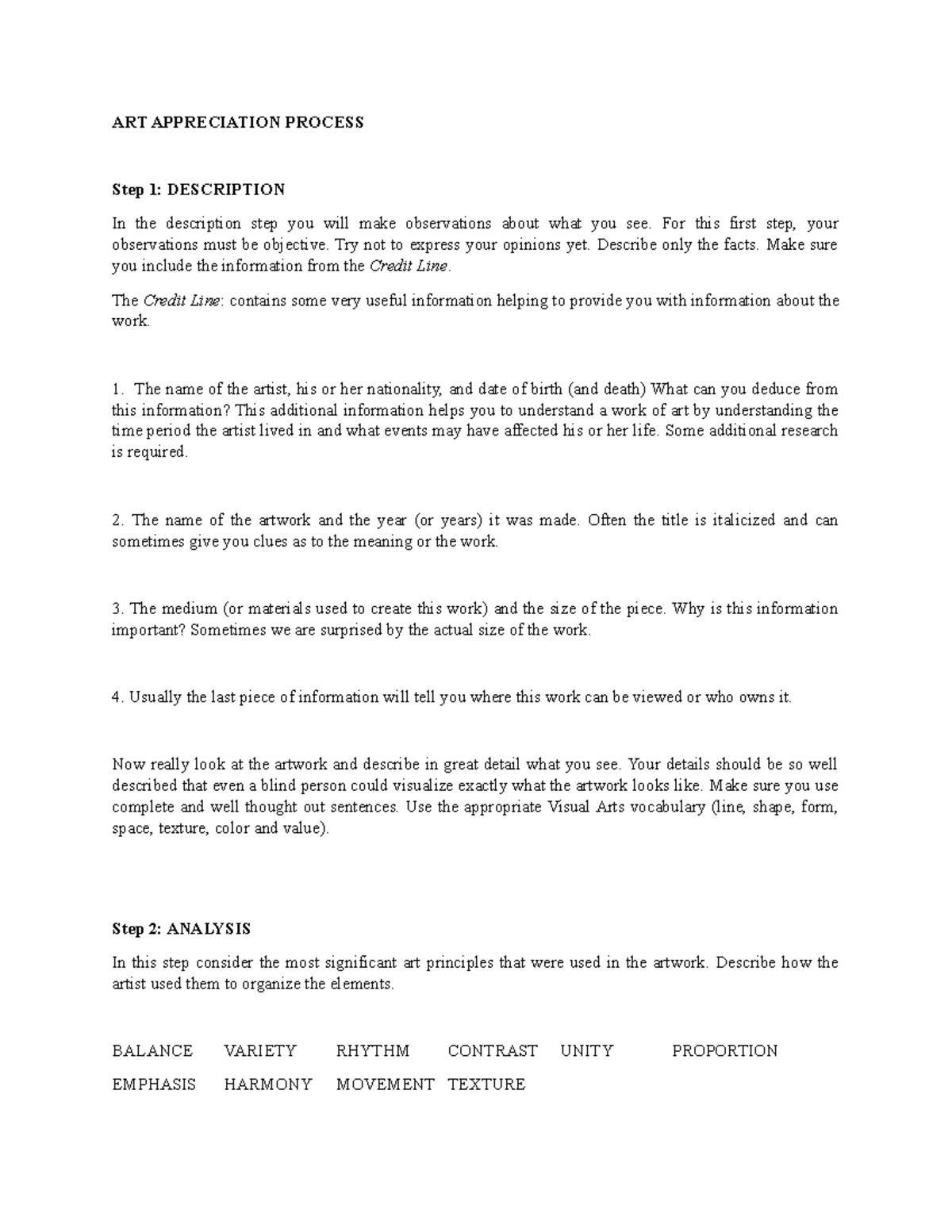 ART Appreciation Process ART APPRECIATION PROCESS Step 1 DESCRIPTION In the description