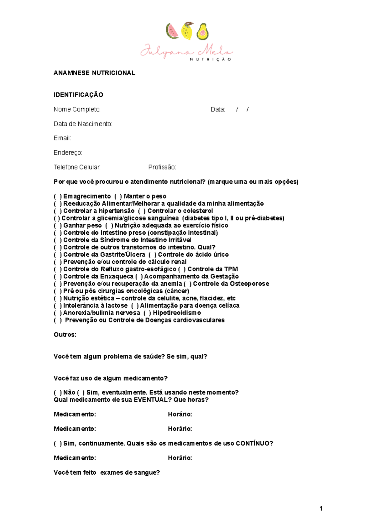 ANAMNESE NUTRICIONAL FE Modelo de Formulário