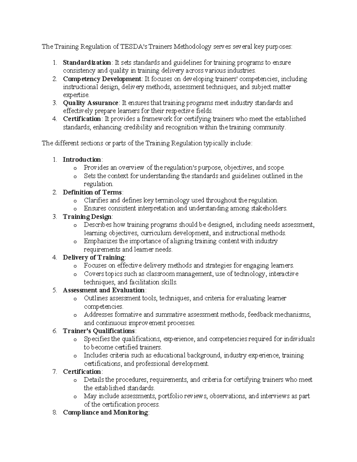Training Regulation of Tesda's Trainers Methodology Standardization