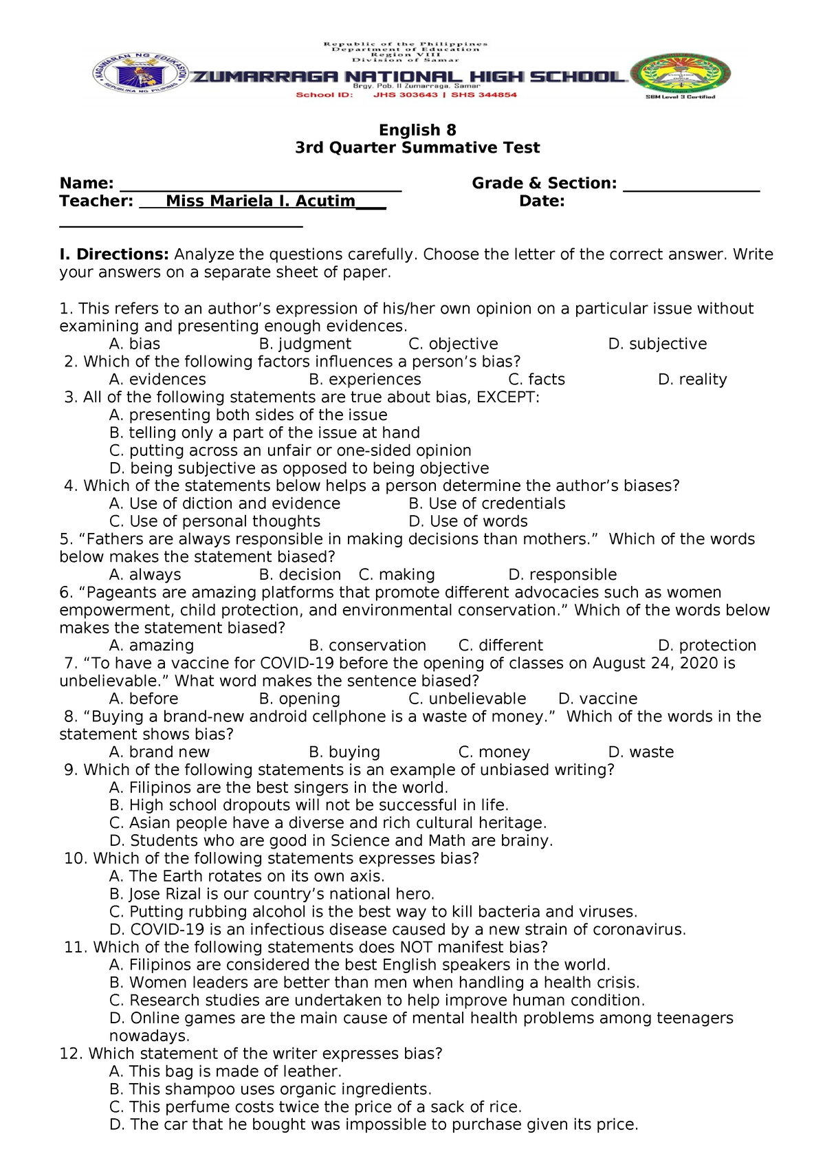 English 8 summative test Q3 - English 8 3rd Quarter Summative Test Name ...