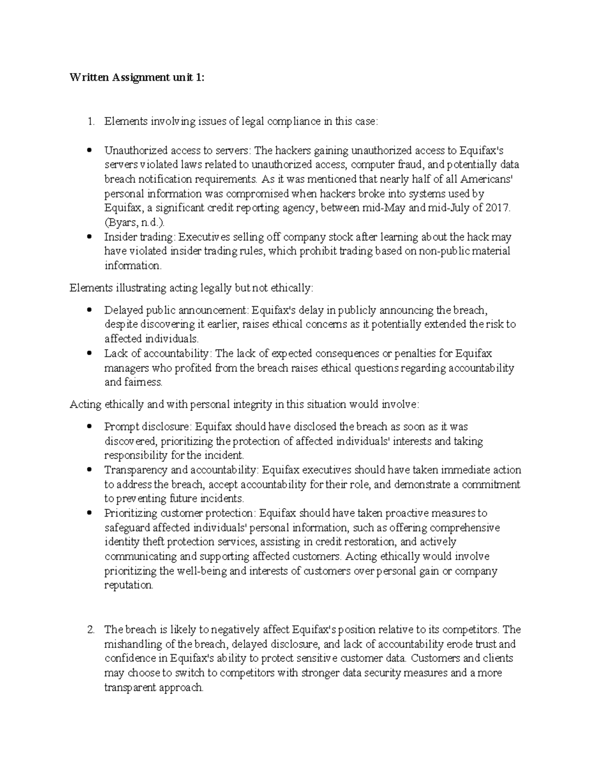 Written Assignment Unit 1 - Elements Involving Issues Of Legal ...