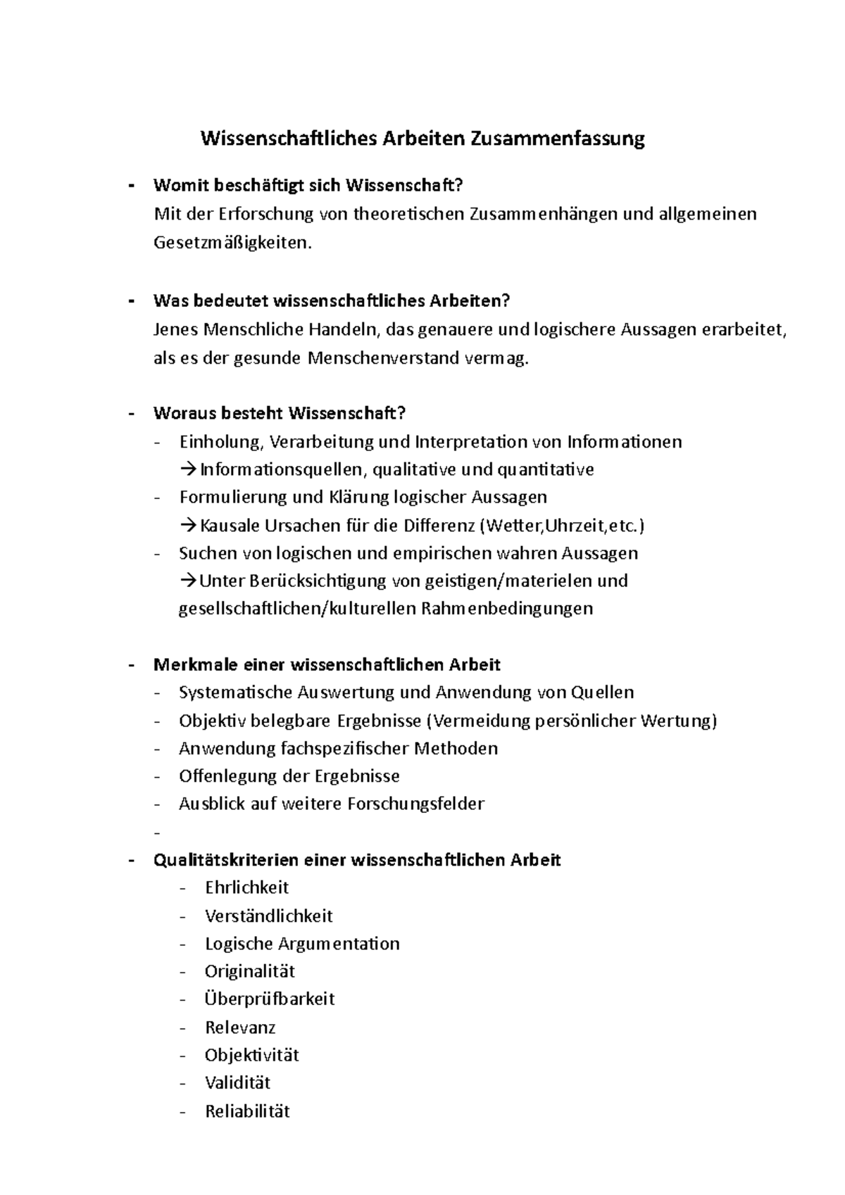 Wissenschaftliches Arbeiten Zusammenfassung - StuDocu