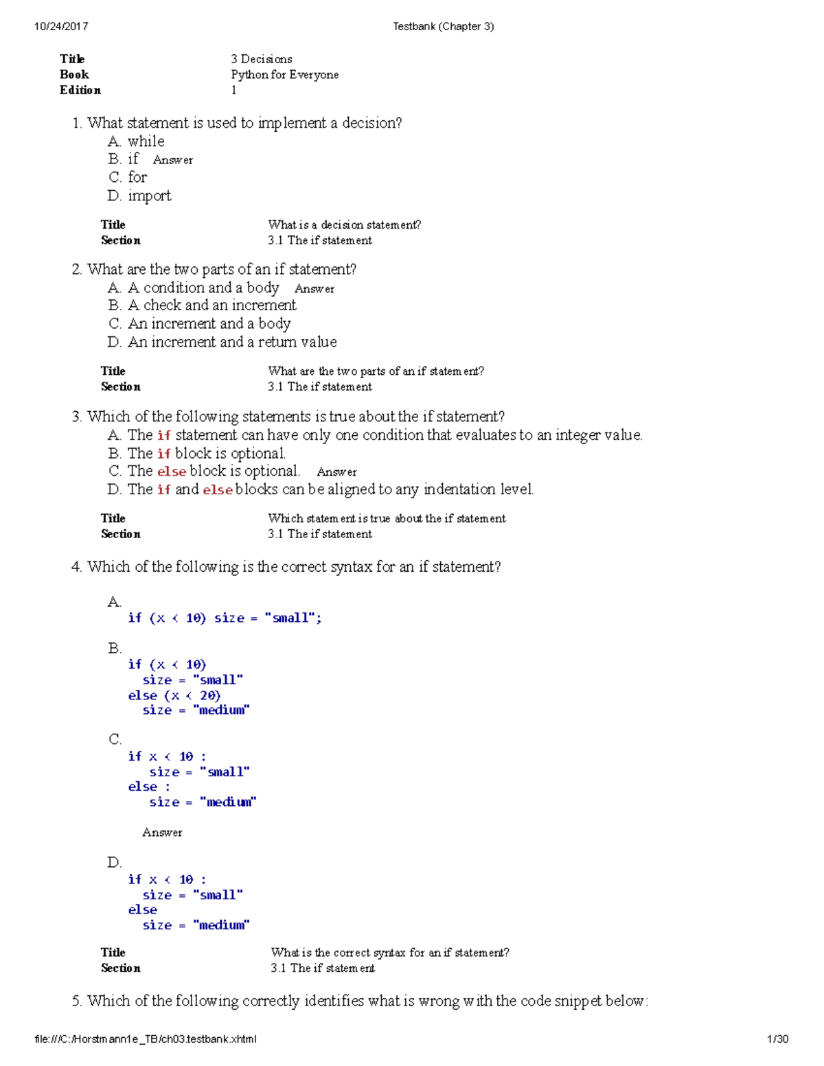 Testbank-Chapter-3 - qweqweqwe - Title 3 Decisions Book Python for ...