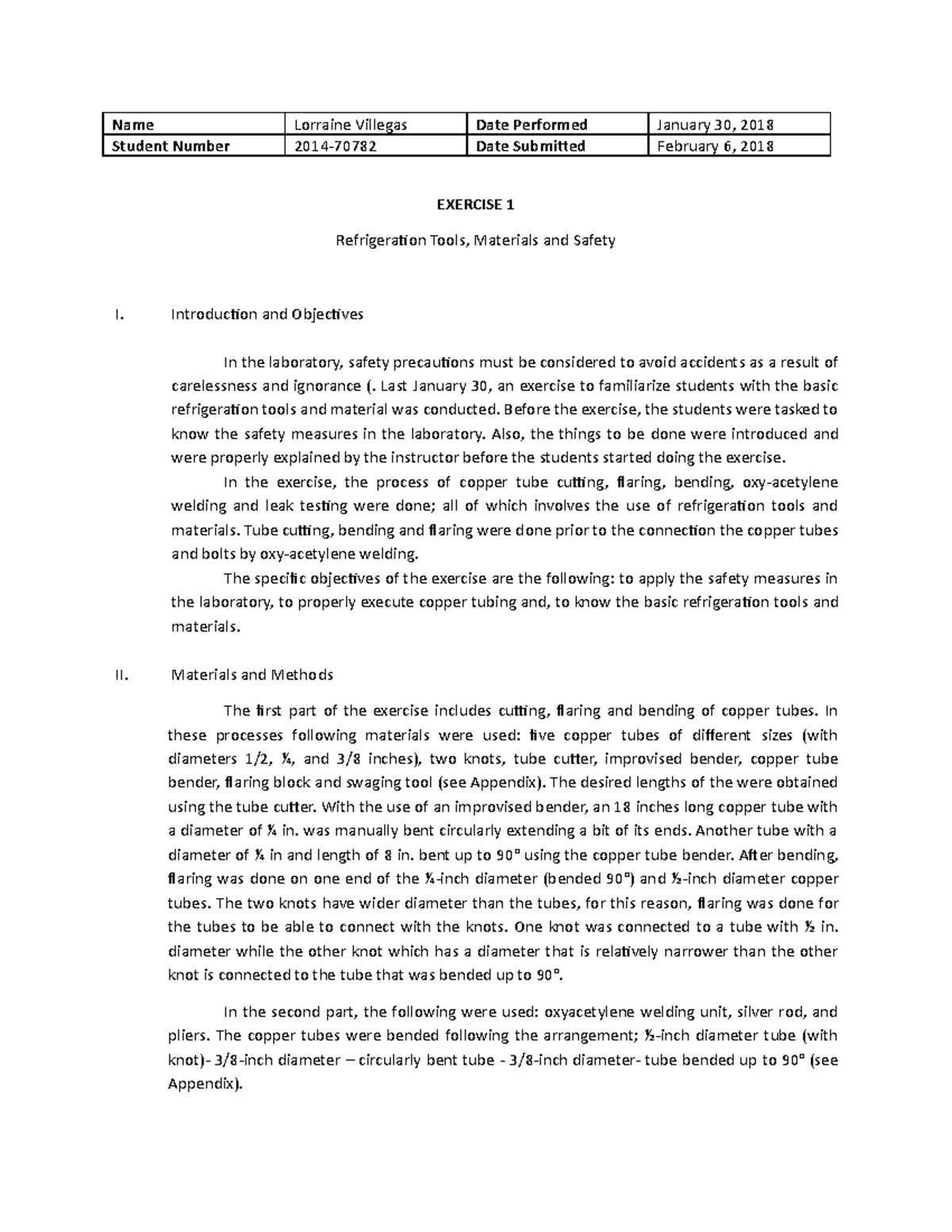 ABE 50 Exercise 1 Refrigeration Tools, Mat'ls and Safety Name