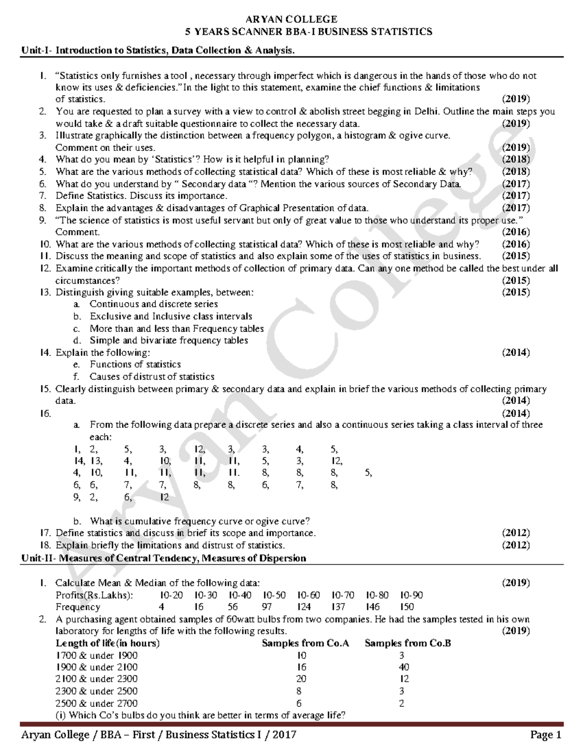 BBA I Business Statistics - I - ARYAN COLLEGE 5 YEARS SCANNER BBA-I ...