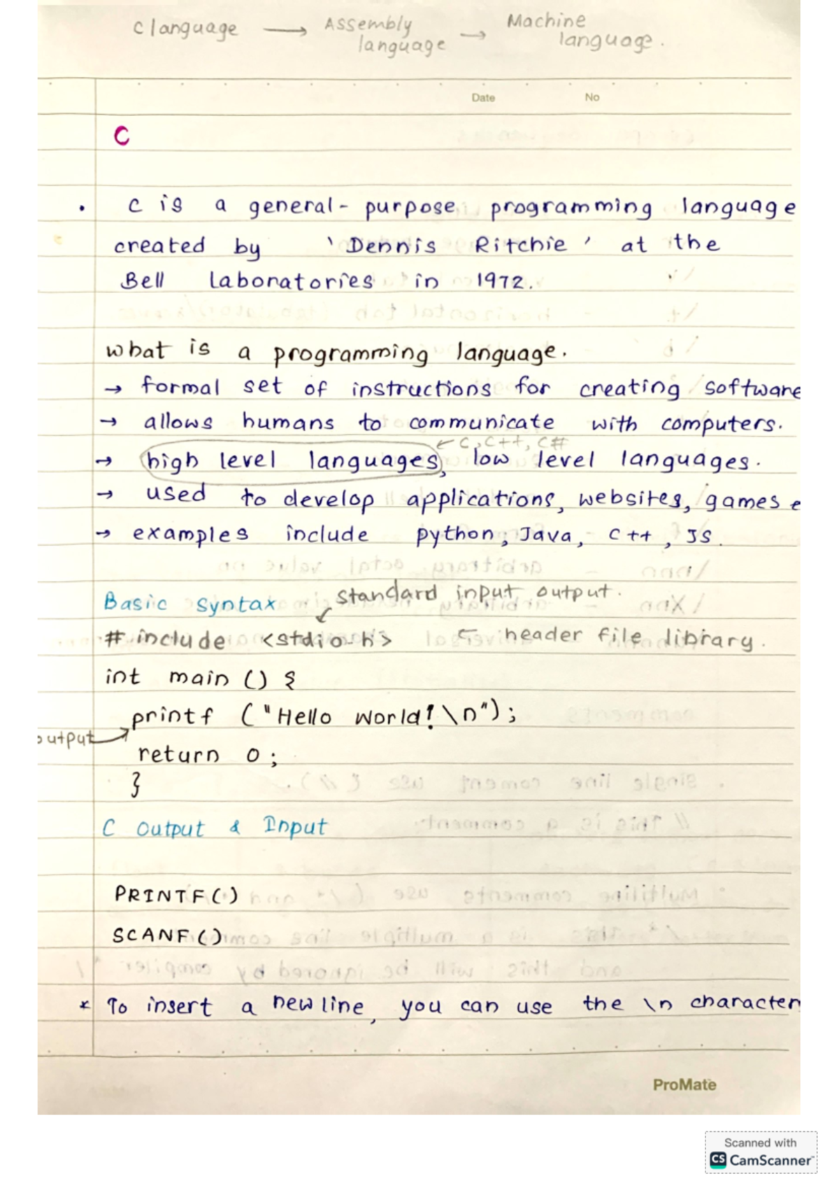 C note 1 - C NOTE - clanguage Assembly Machine language language Date ...