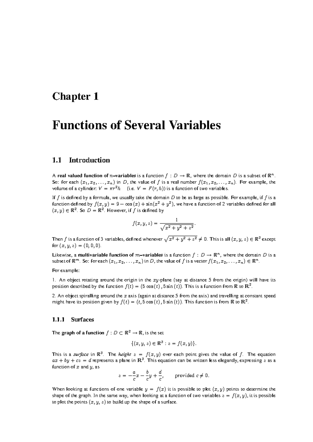 Functions sev variables - Chapter 1 Functions of Several Variables 1 ...