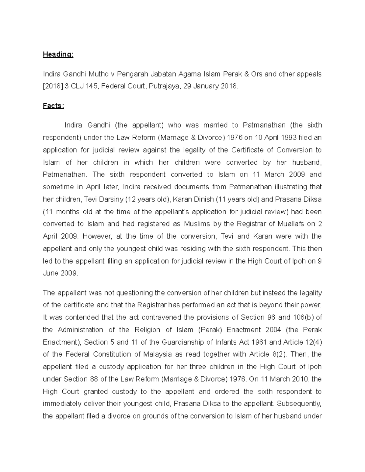 Indira Gandhi Mutho Case Analysis Heading Indira Gandhi Mutho V Pengarah Jabatan Agama