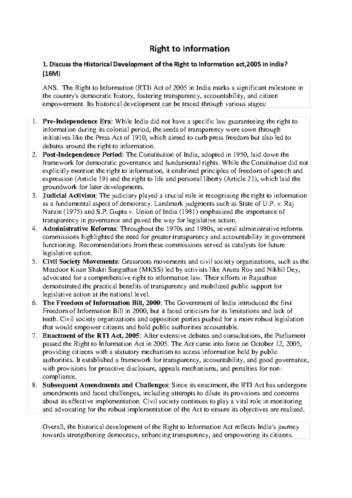 RTI Right to Information Discuss the Historical Development of the Right to Information act