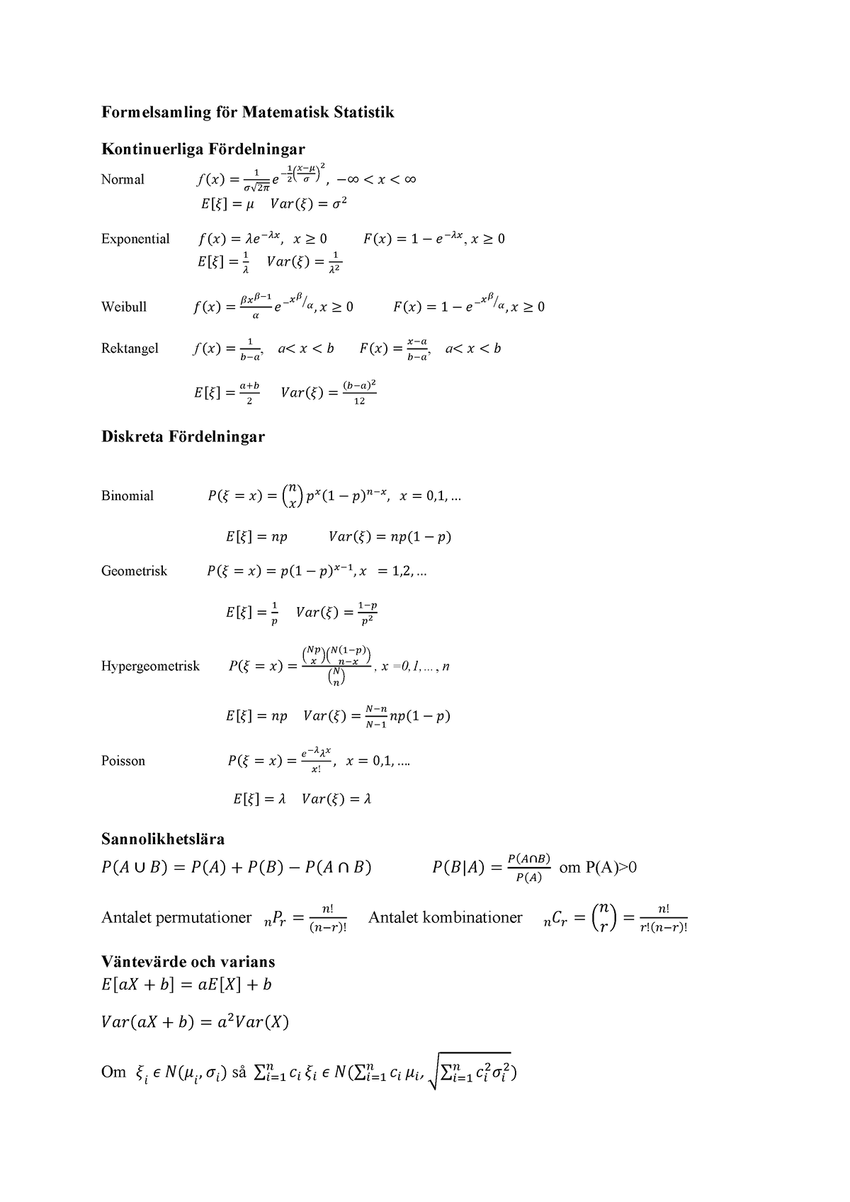 Formelsamling Matematisk Statistik Ny - Formelsamling För Matematisk ...