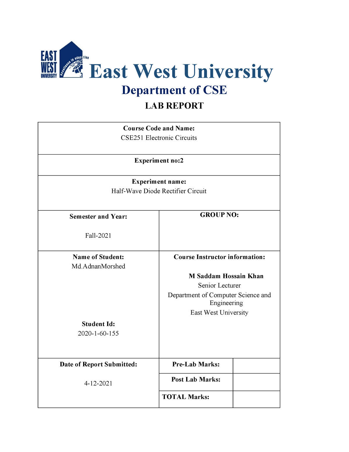 Ff - SDASDASDA - East West University Department Of CSE LAB REPORT ...