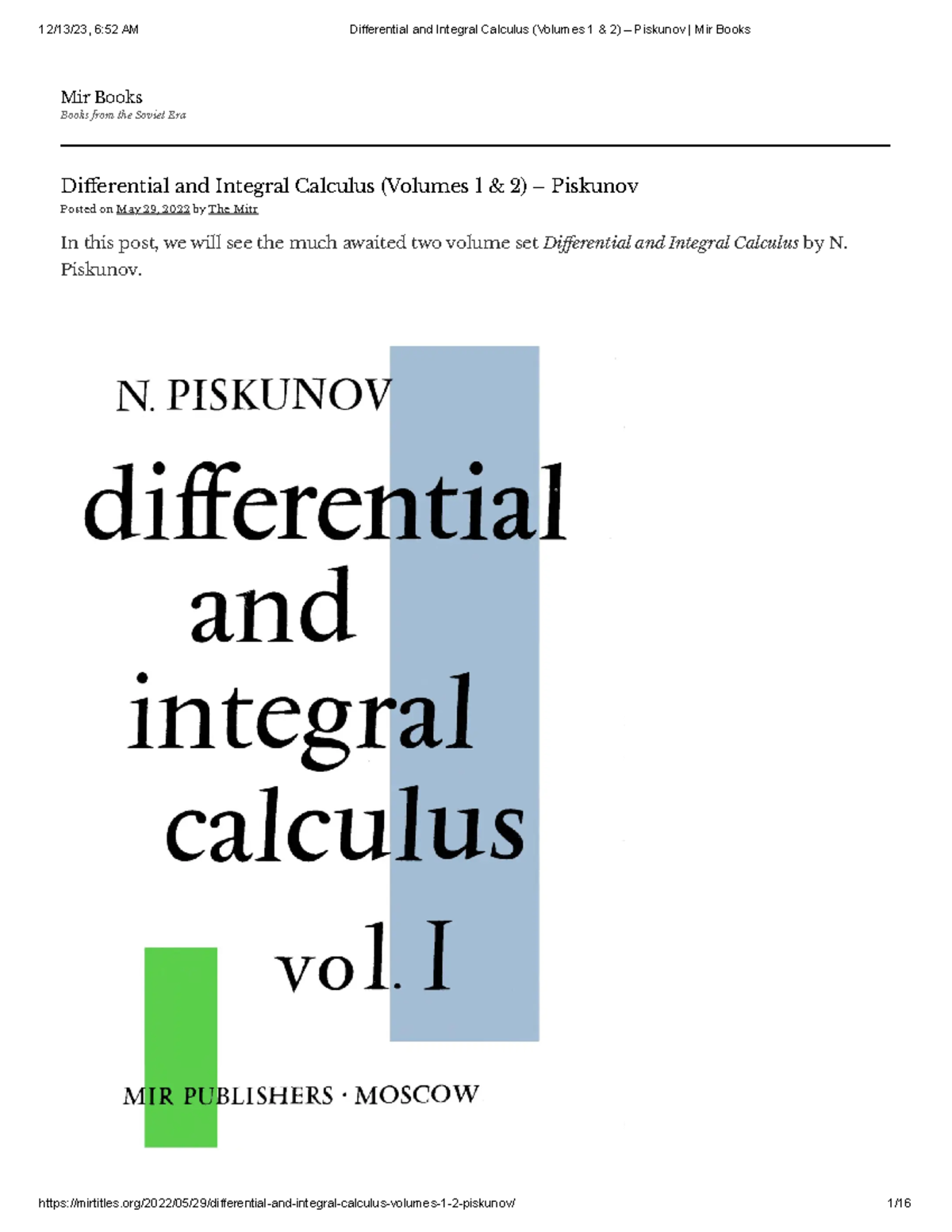 Differential and Integral Calculus (Volumes 1 & 2) Piskunov Mir Books