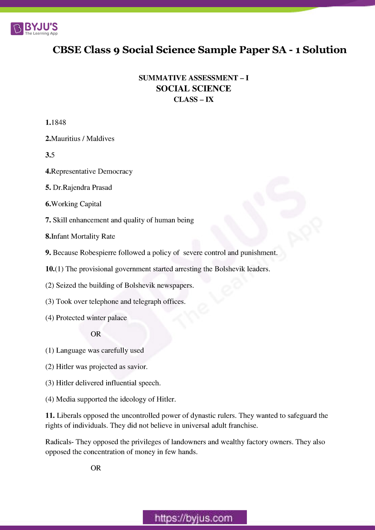 Cbse Class 9 Social Science Sample Paper Sa 1 Solution Summative Assessment I Social Science