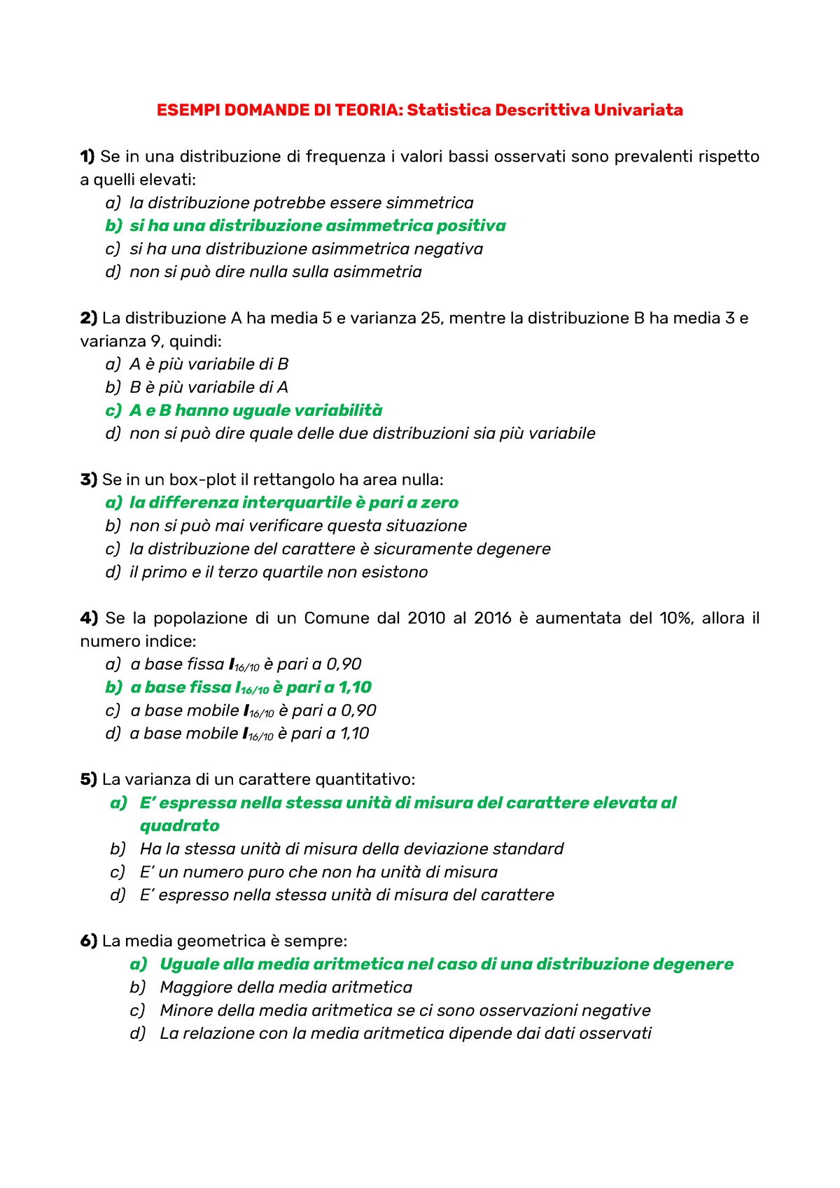 Domande Teoria Descrittiva Univariata Soluzione Esempi Domande Di