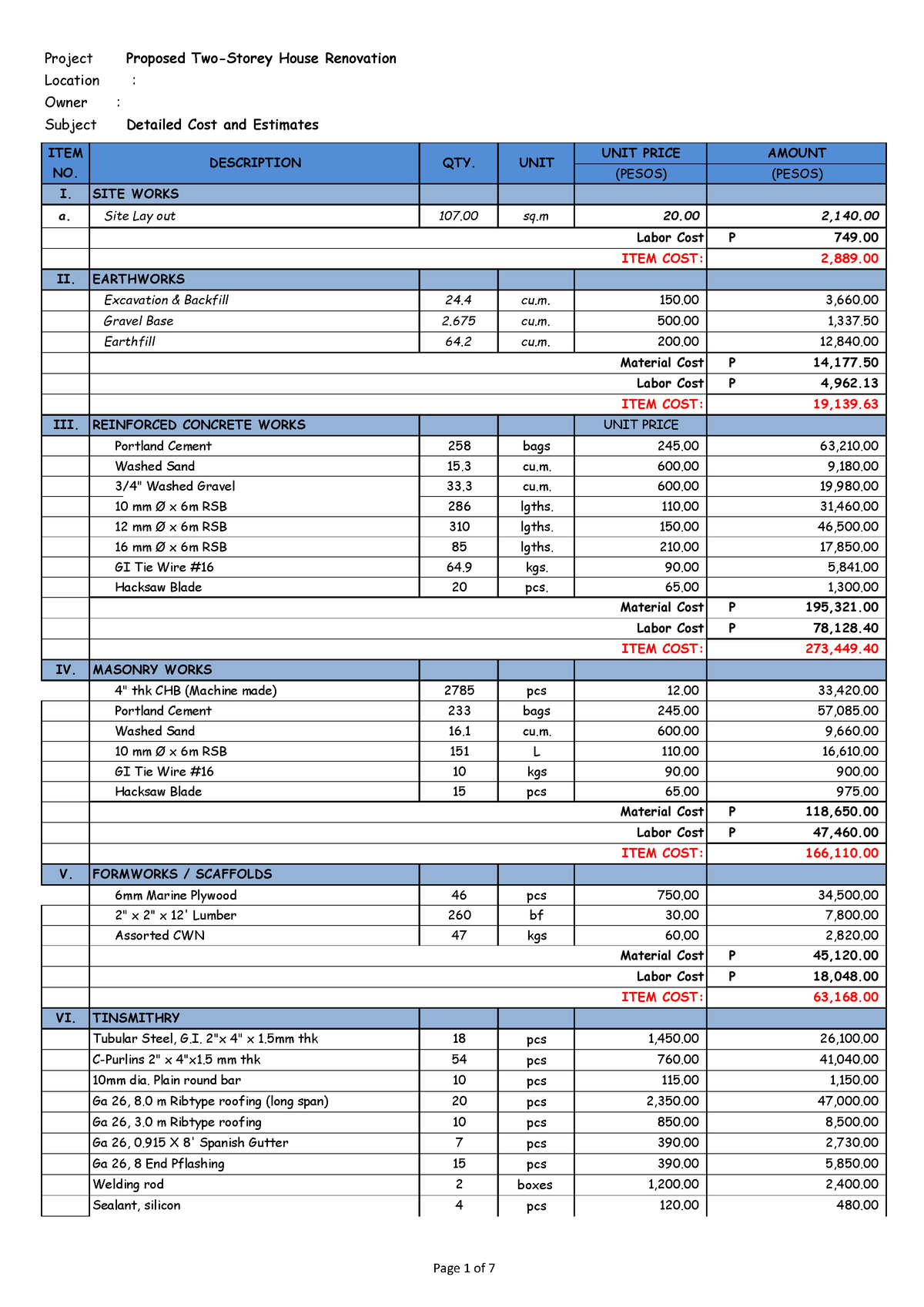 BILL OF MATERIALS - Project Proposed Two-Storey House Renovation ...