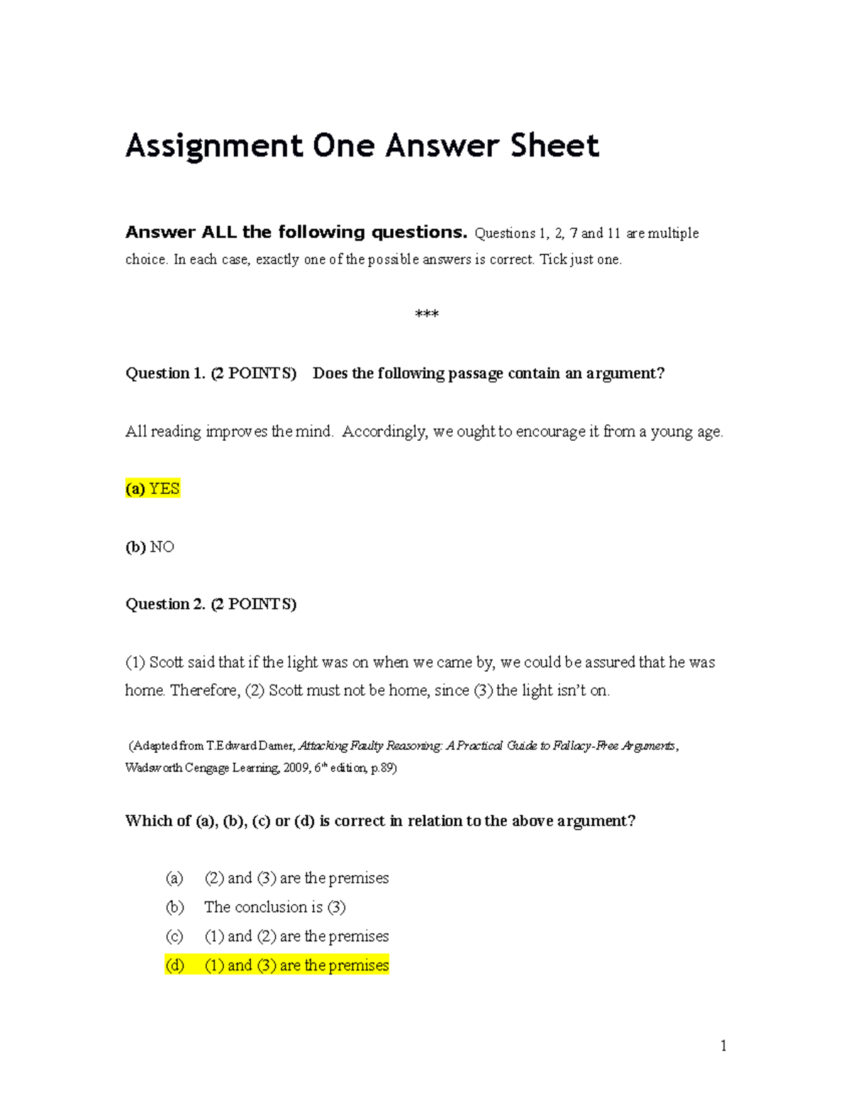 Assignment 1 T2 2018 Answer Sheet - Assignment One Answer Sheet Answer ...