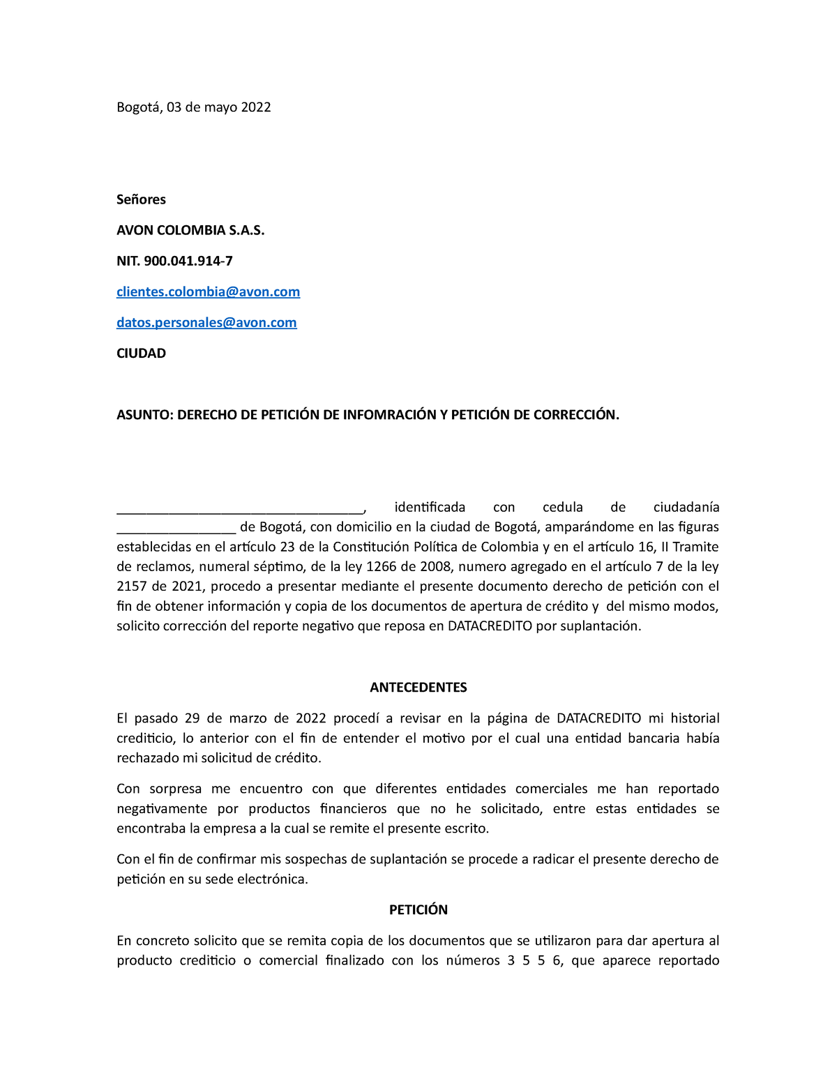 Modelo petición suplatanción (eliminación reporte negativo)+ - Bogotá, 03  de mayo 2022 Señores AVON - Studocu