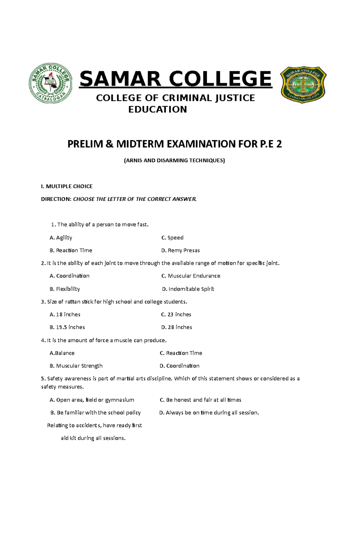 Prelim & Midterm EXAM. (P.E 2) - English - Studocu