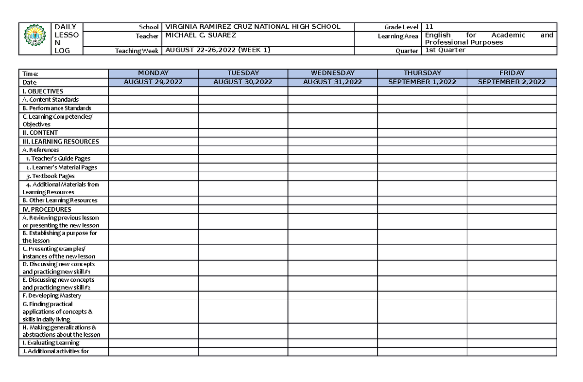 DLL KO - Daily lesson log - DAILY LESSO N LOG School VIRGINIA RAMIREZ ...