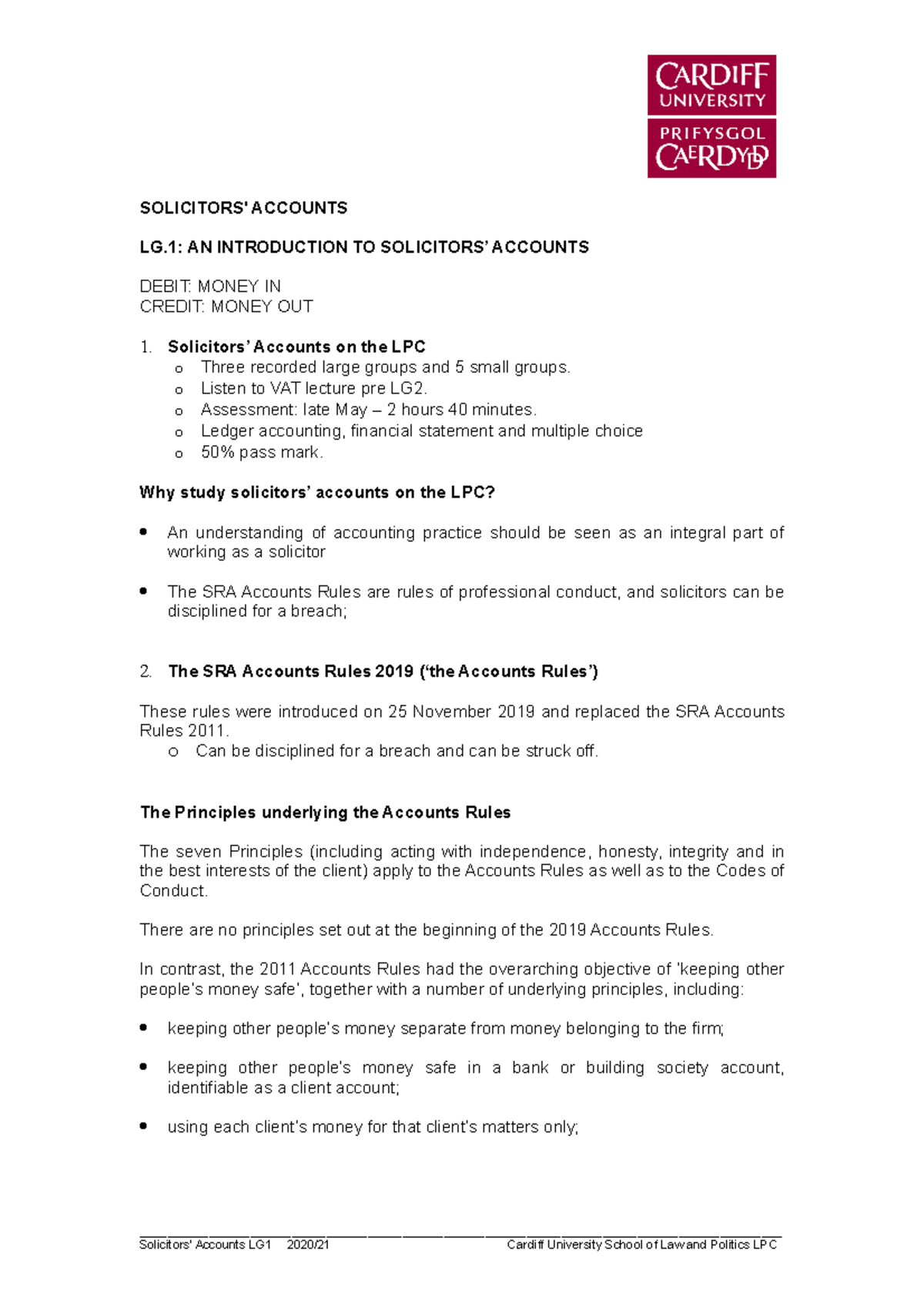 SAR LG1 (handout) (1) - ledger exercises - SOLICITORS' ACCOUNTS LG: AN ...
