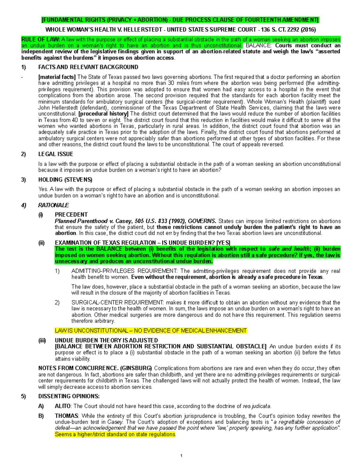 Case brief Whole Woman v. Hellerstedt (abortion restriction) (ConLaw case brief and class