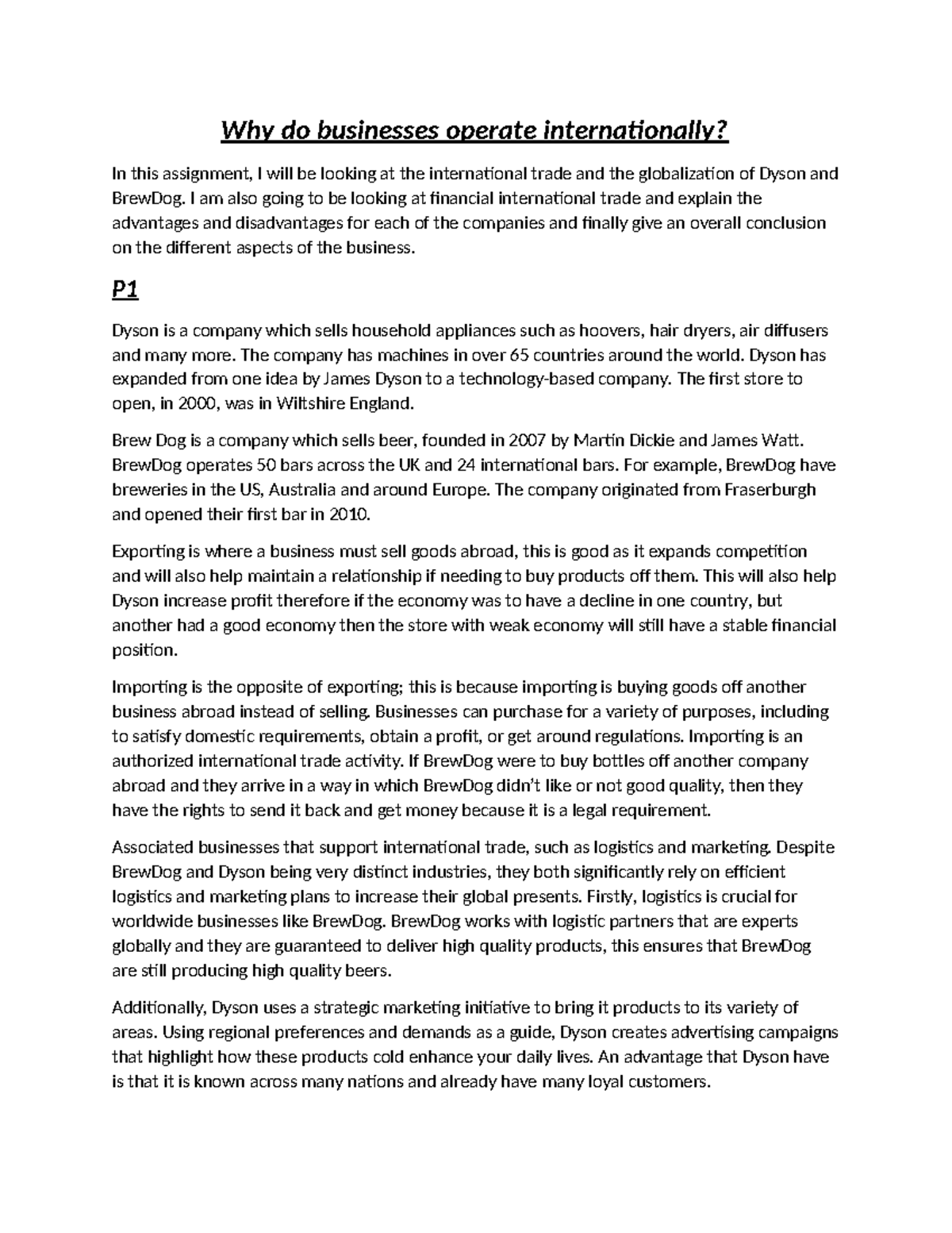 Internation business exploring trading within brew dog and dyson