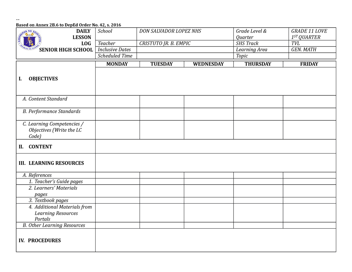 Dll-template - Dll template for teachers - Based on Annex 2B to DepEd ...