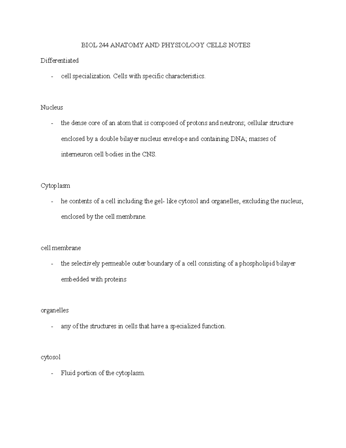 BIOL 244 Anatomy AND Physiology Cells Notes - BIOL 244 ANATOMY AND ...