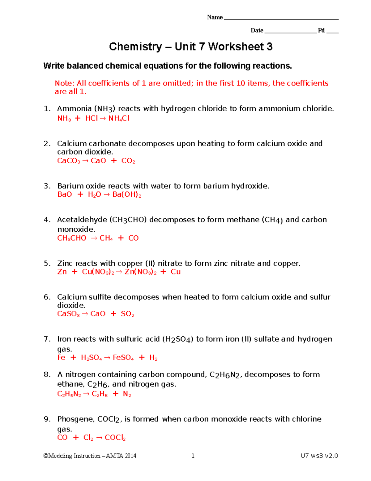 06 ws3-key - East - Name Date Pd Chemistry – Unit 7 Worksheet 3 Write  balanced chemical equations - Studocu