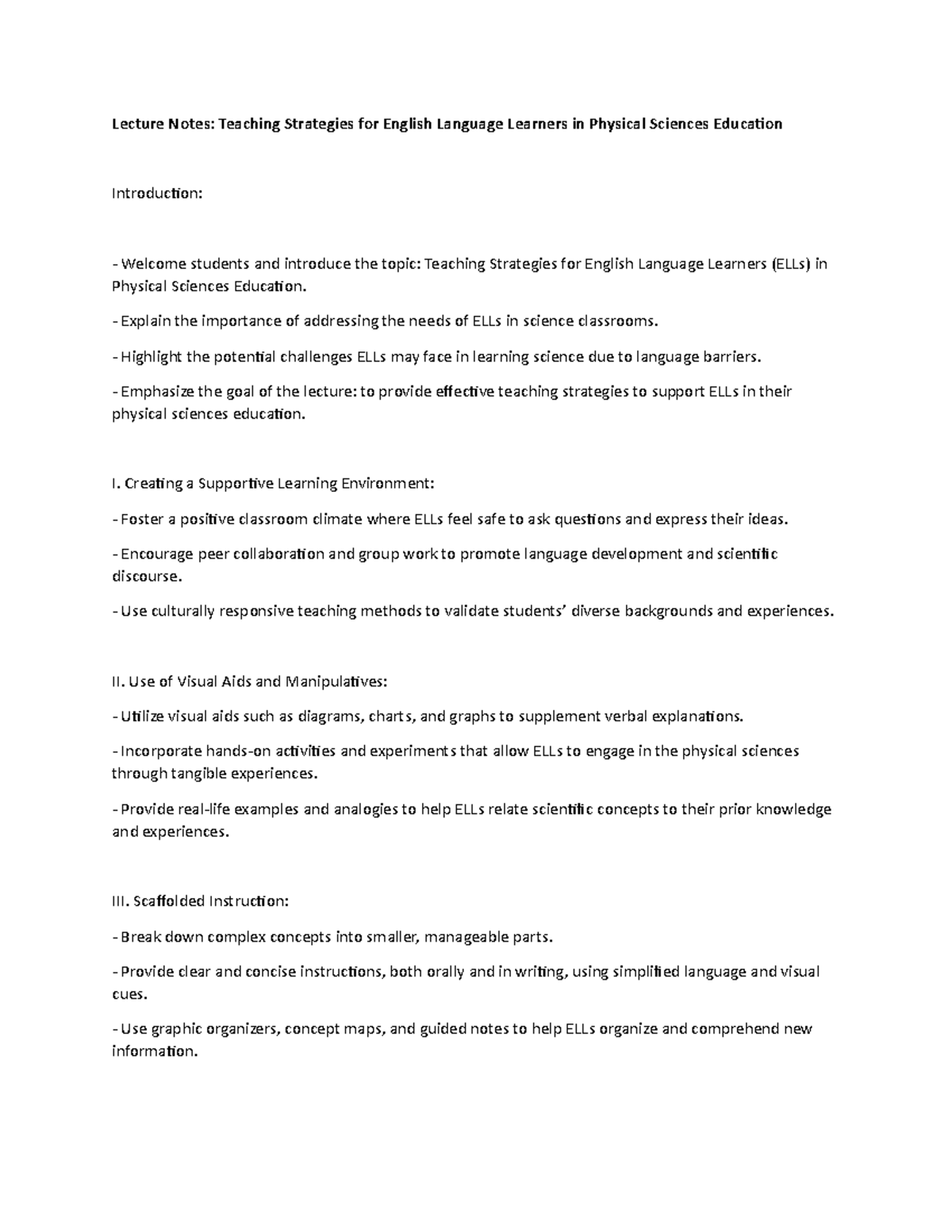 Lecture Notes: Teaching Strategies for English Language Learners in ...