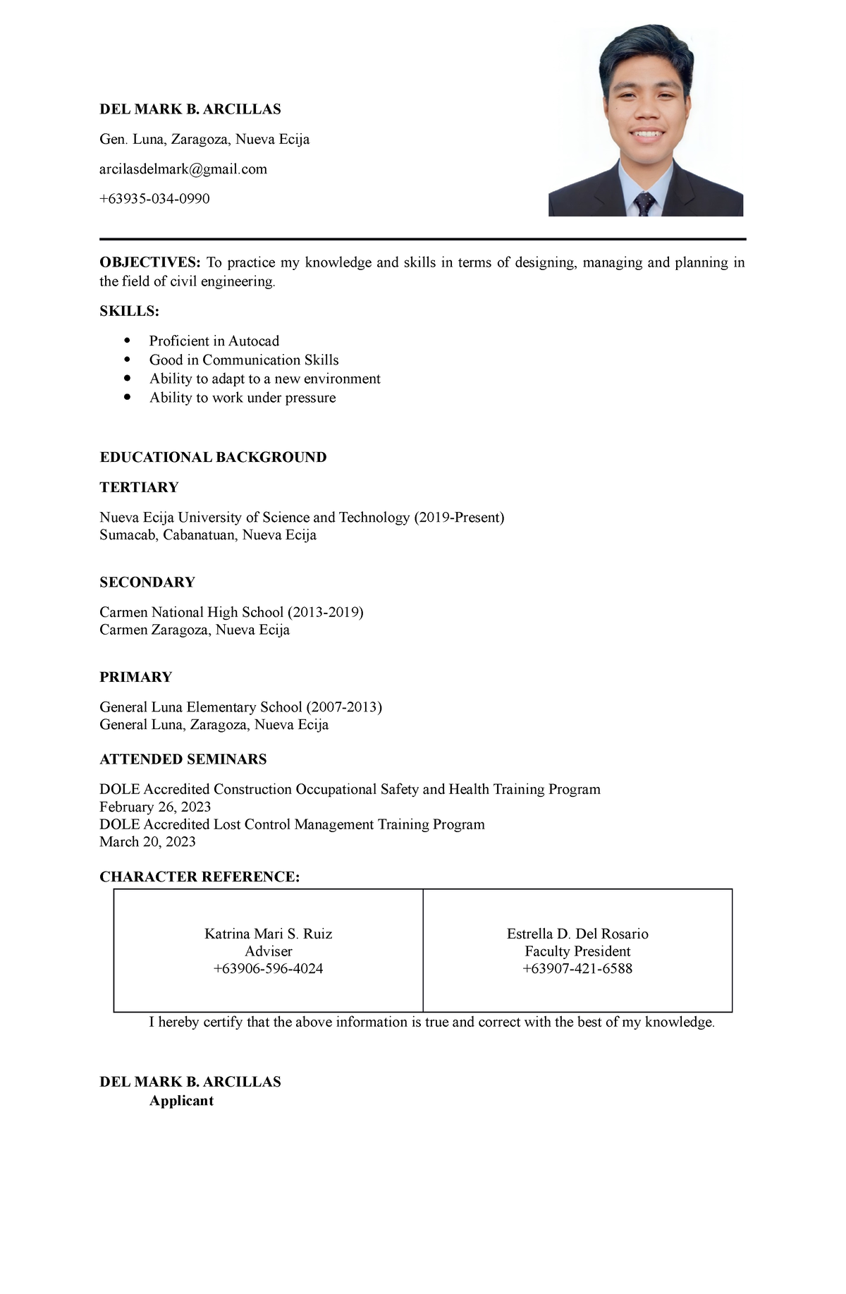 Sample Resume For Student - Del Mark B. Arcillas Gen. Luna, Zaragoza 