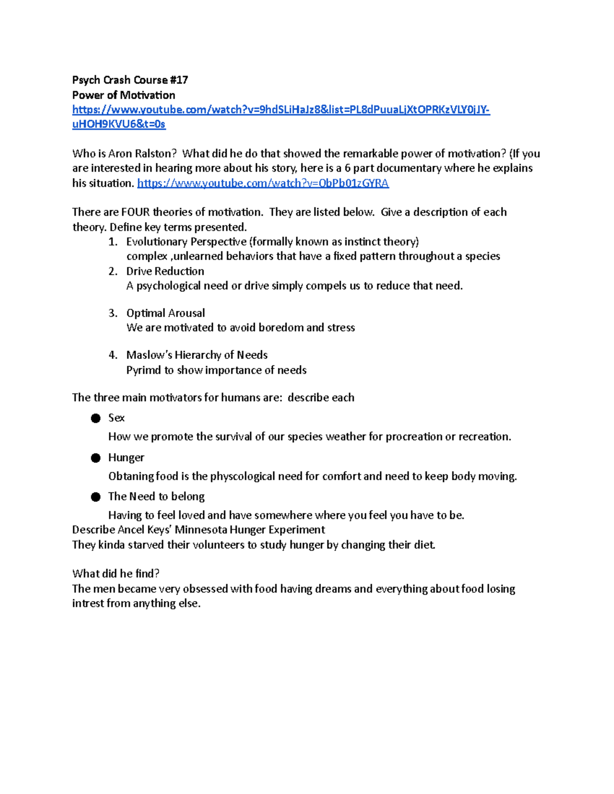 Motivation Crash Course notes Psych Crash Course Power of