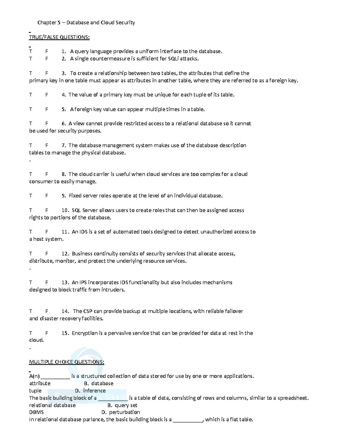Ch5 - jjjj - Chapter 5 – Database and Cloud Security TRUE/FALSE ...