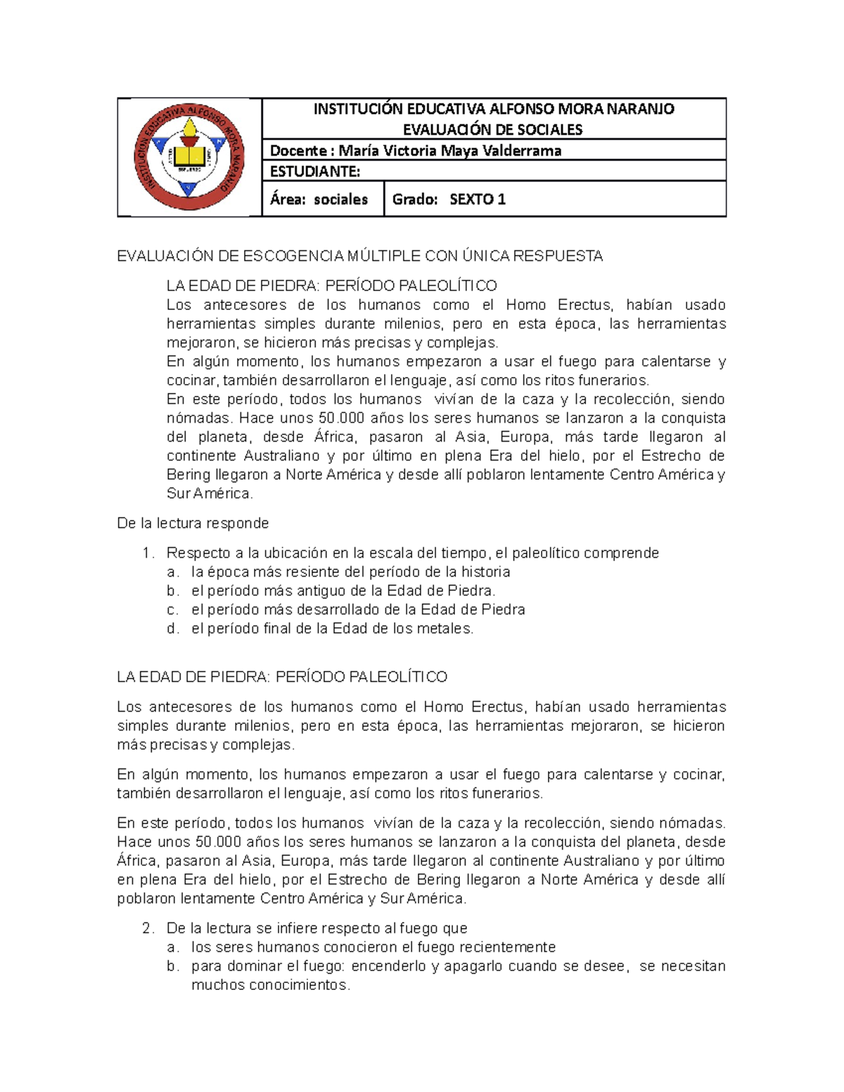 Evaluación DE Sociales Grado Sexto Junio DE 2020 INSTITUCIÓN