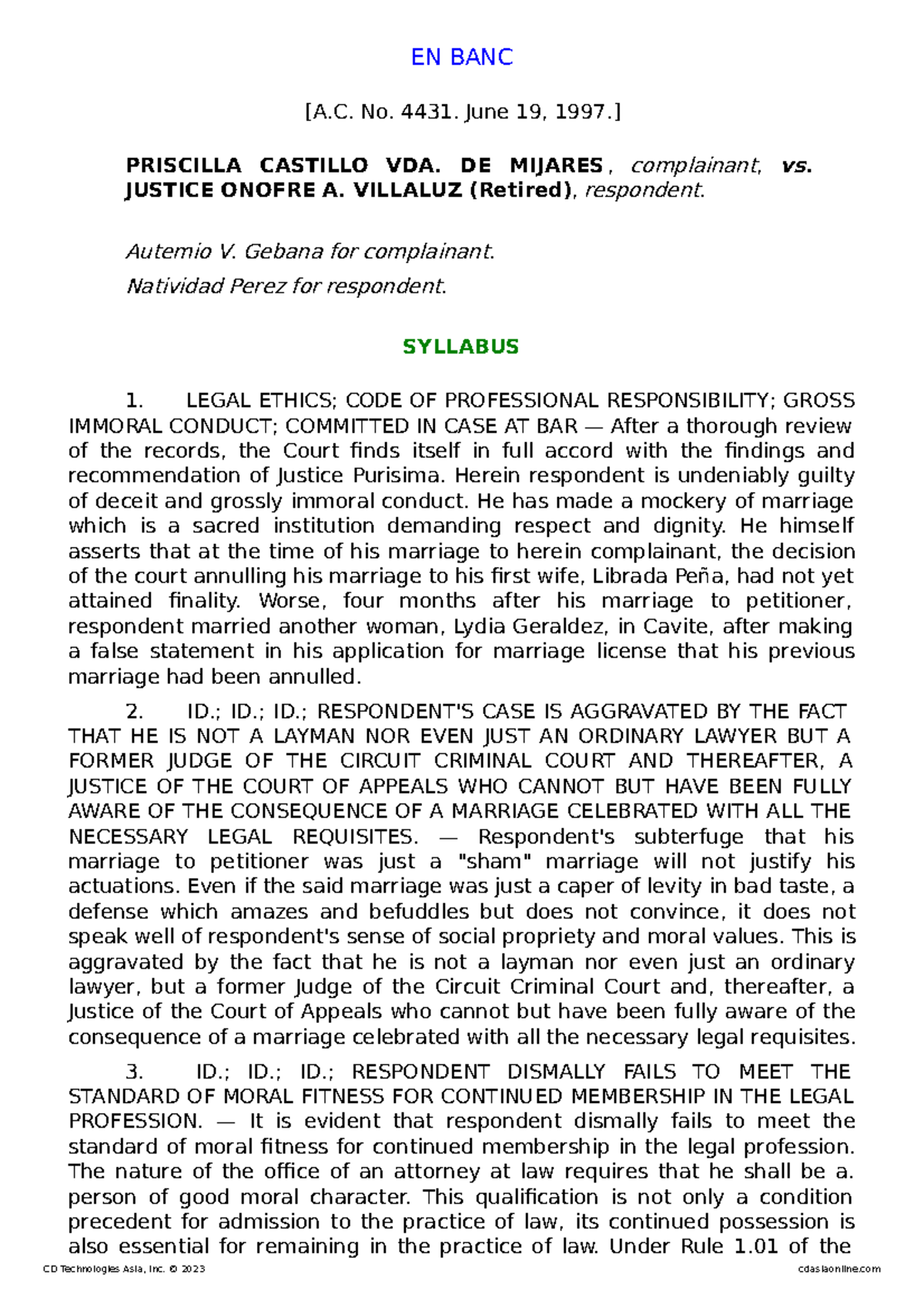 A.C. No. 4431 Vda. de Mijares v. Villaluz EN BANC [A. No. 4431
