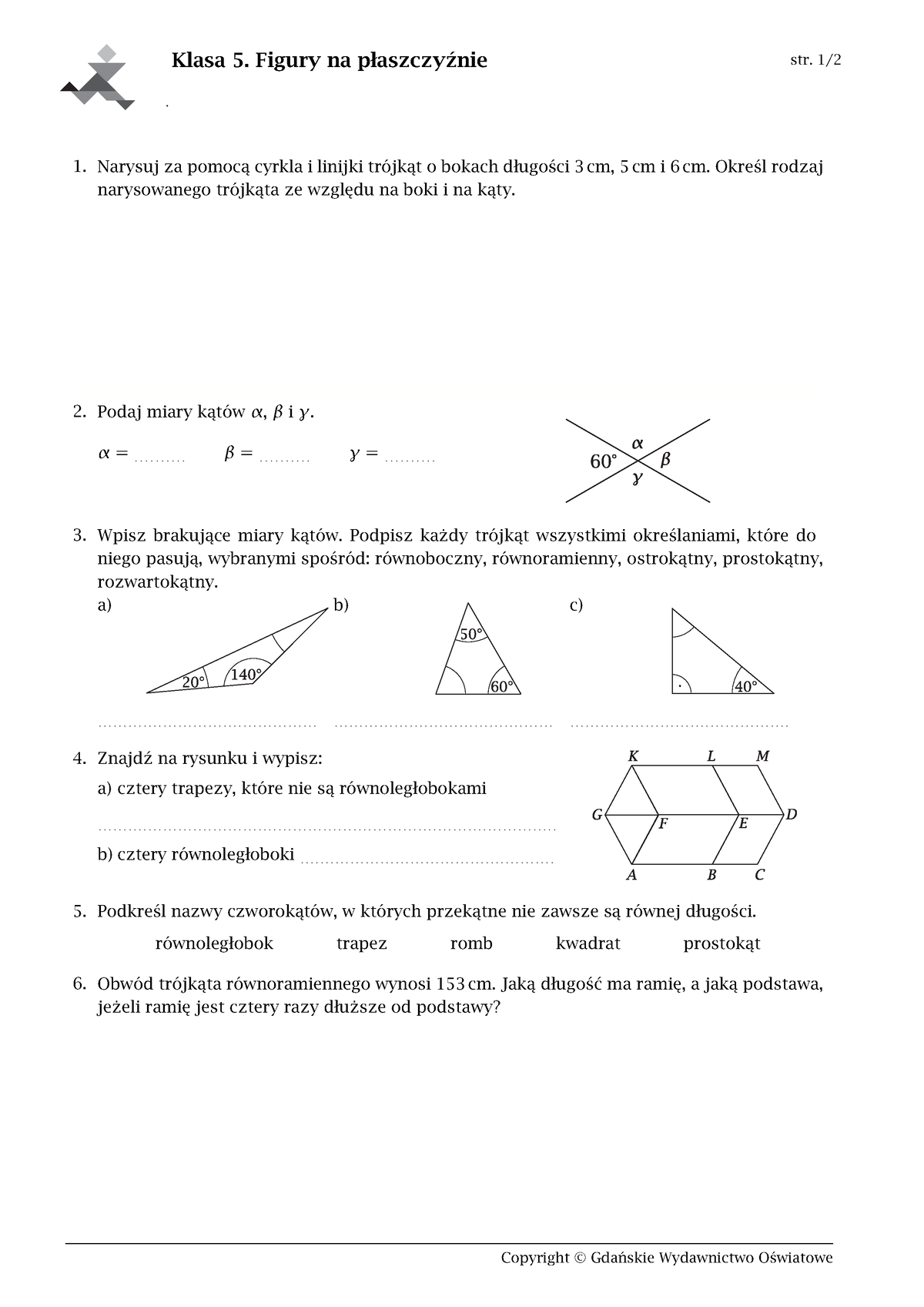 Klasa 5 Figury na plaszczyznie - Karta pracy - Klasa 5. Figury na ...