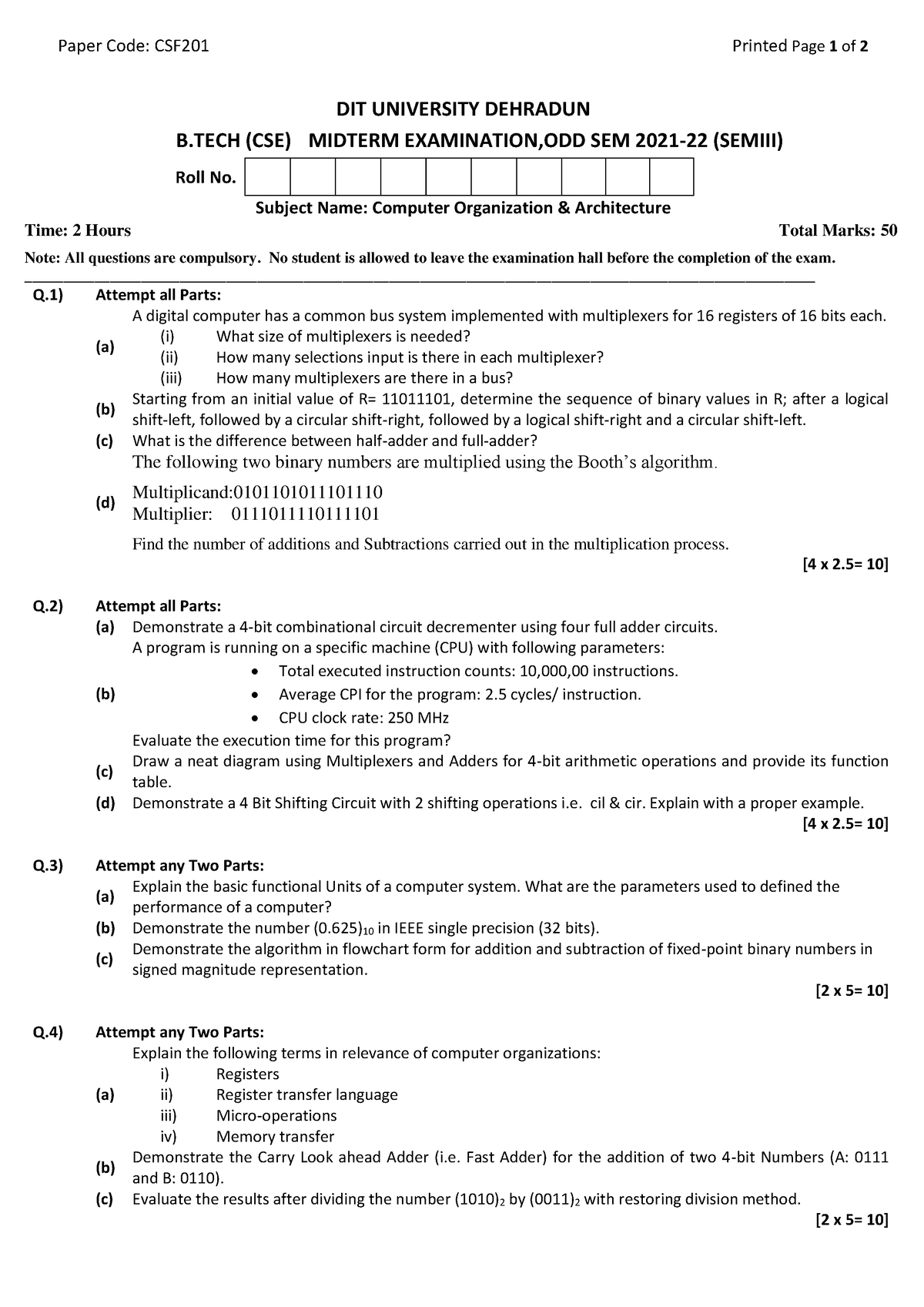 Mid Term Sample Paper - Paper Code: CSF201 Printed Page 1 Of 2 DIT ...