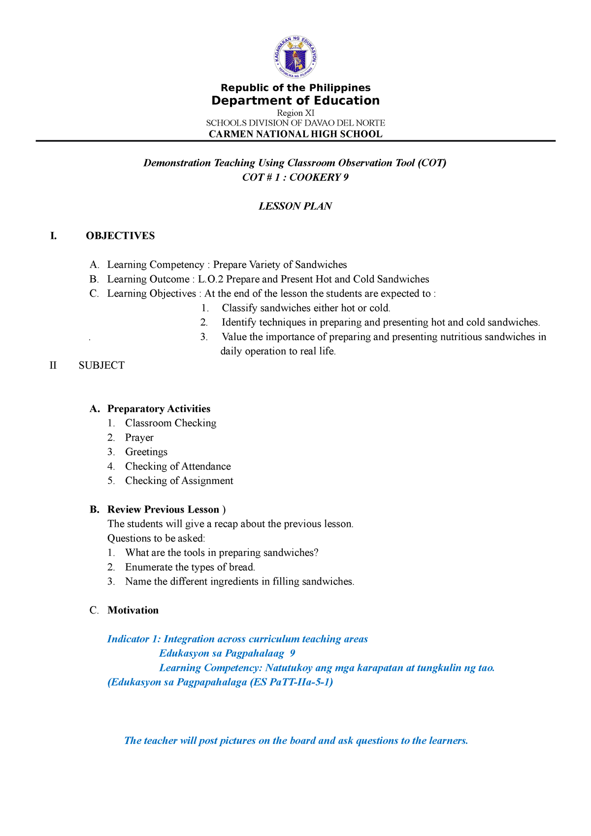 Lesson-Plan Susan COT 1 - Republic Of The Philippines Department Of ...