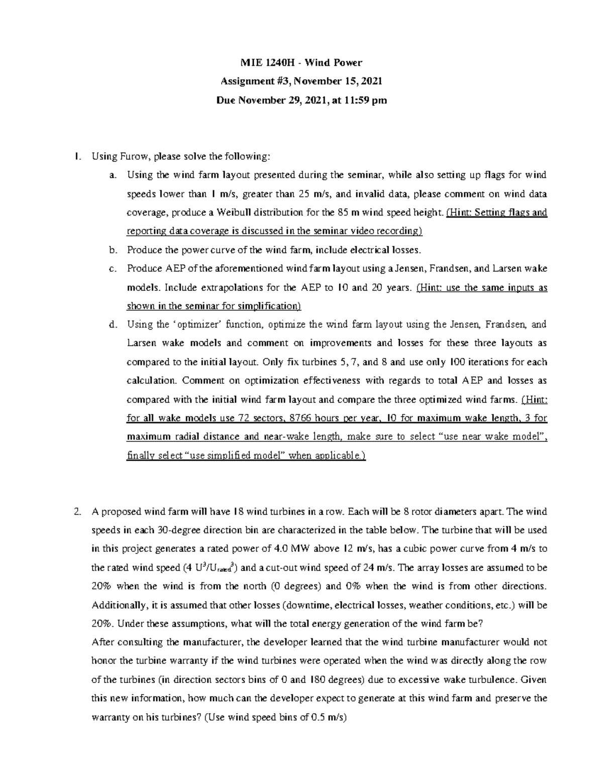 Assignment 3 Fall2021 - MIE 1240H - Wind Power Assignment #3, November ...