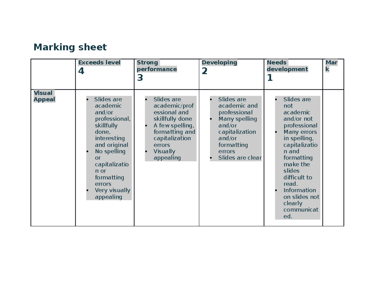 Marking sheet - Thanks for watching - Marking sheet Exceeds level 4 ...
