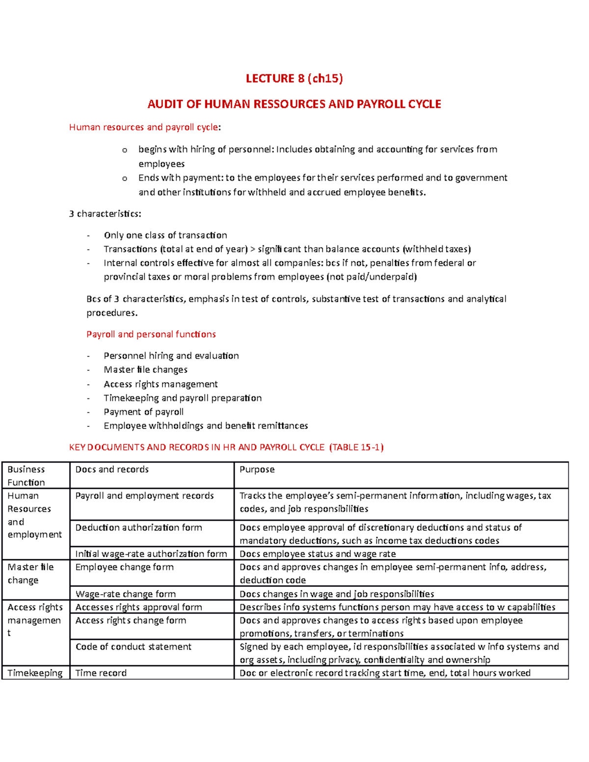 Notes After Midterm - LECTURE 8 (ch15) AUDIT OF HUMAN RESSOURCES AND ...